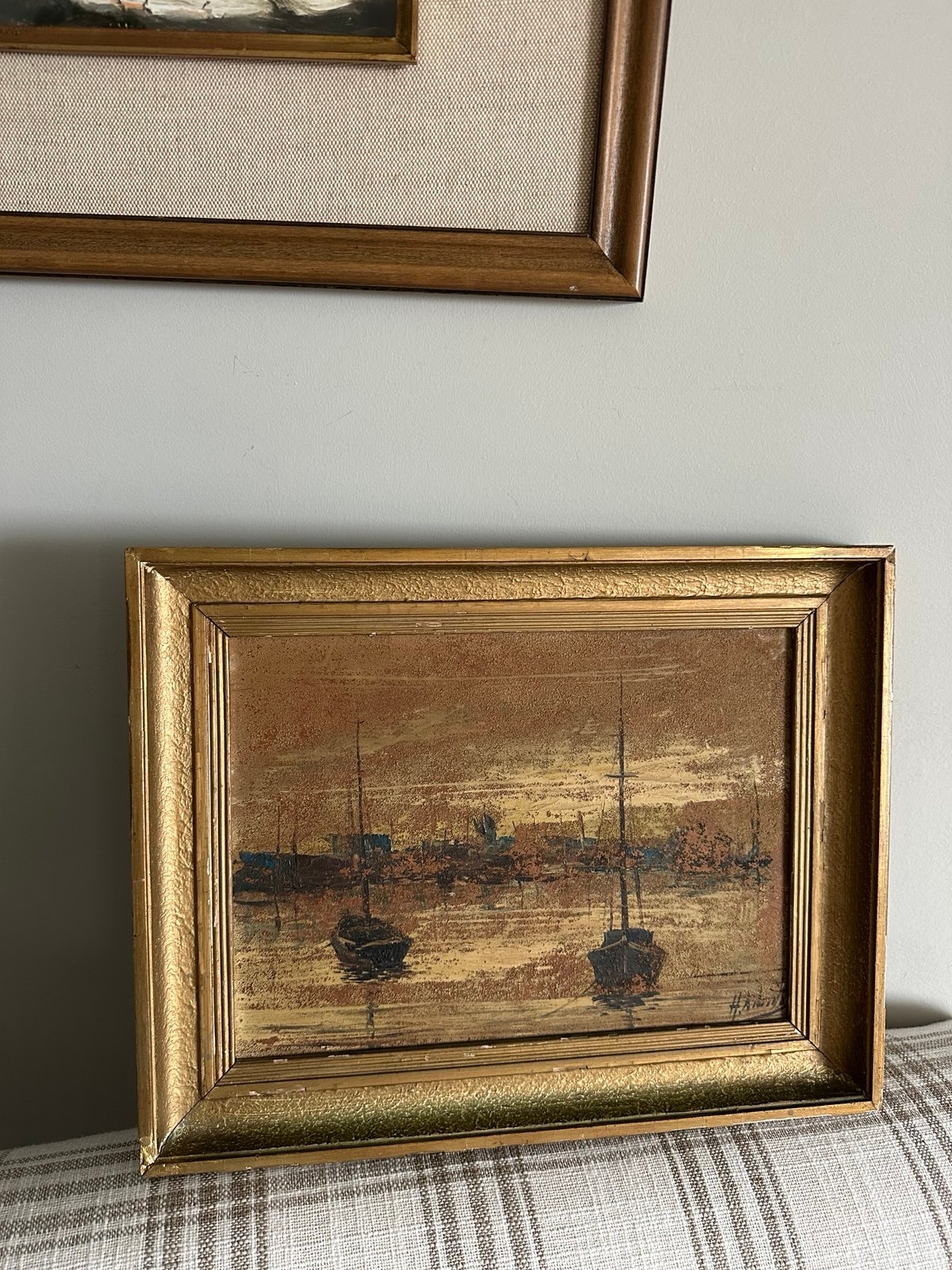 Vintage Early 1900’s Seascape Sailing Boats Painting European Harbor Scene 11x14