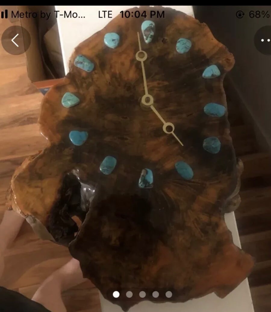 Burlwood handmade clock with turquoise beautiful runs on batteries