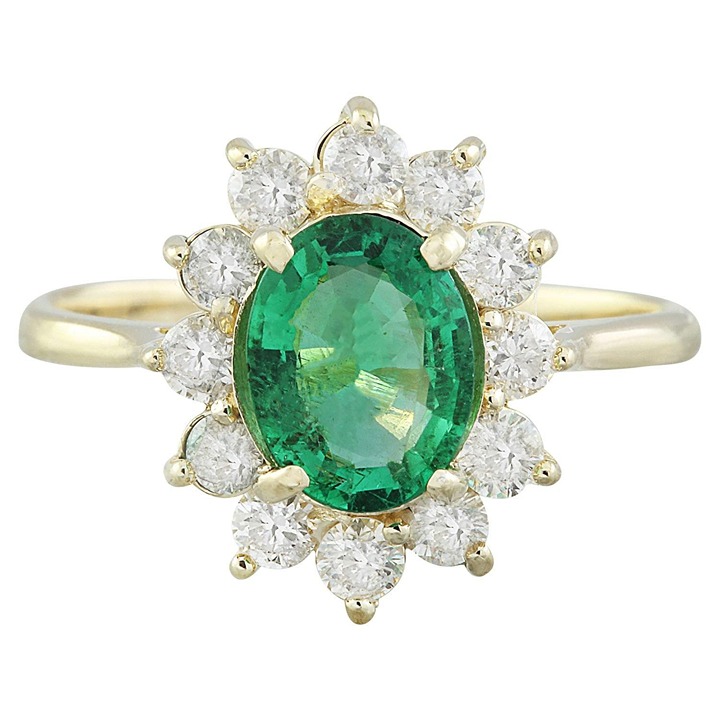 1.80Ct Natural Oval Emerald & Diamond Halo Solitaire Ring 14k Yellow Gold