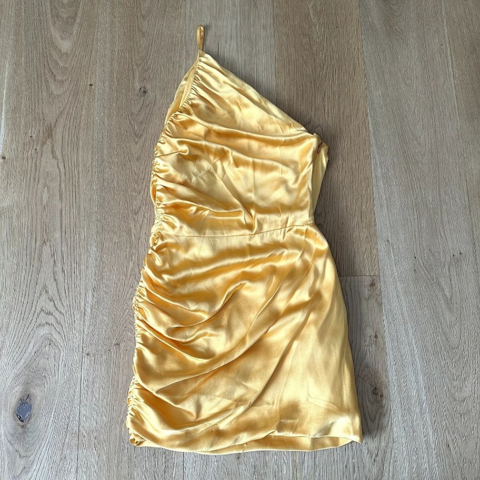 The Sei - One Shoulder Ruched Satin Mini Dress in Orangey Yellow