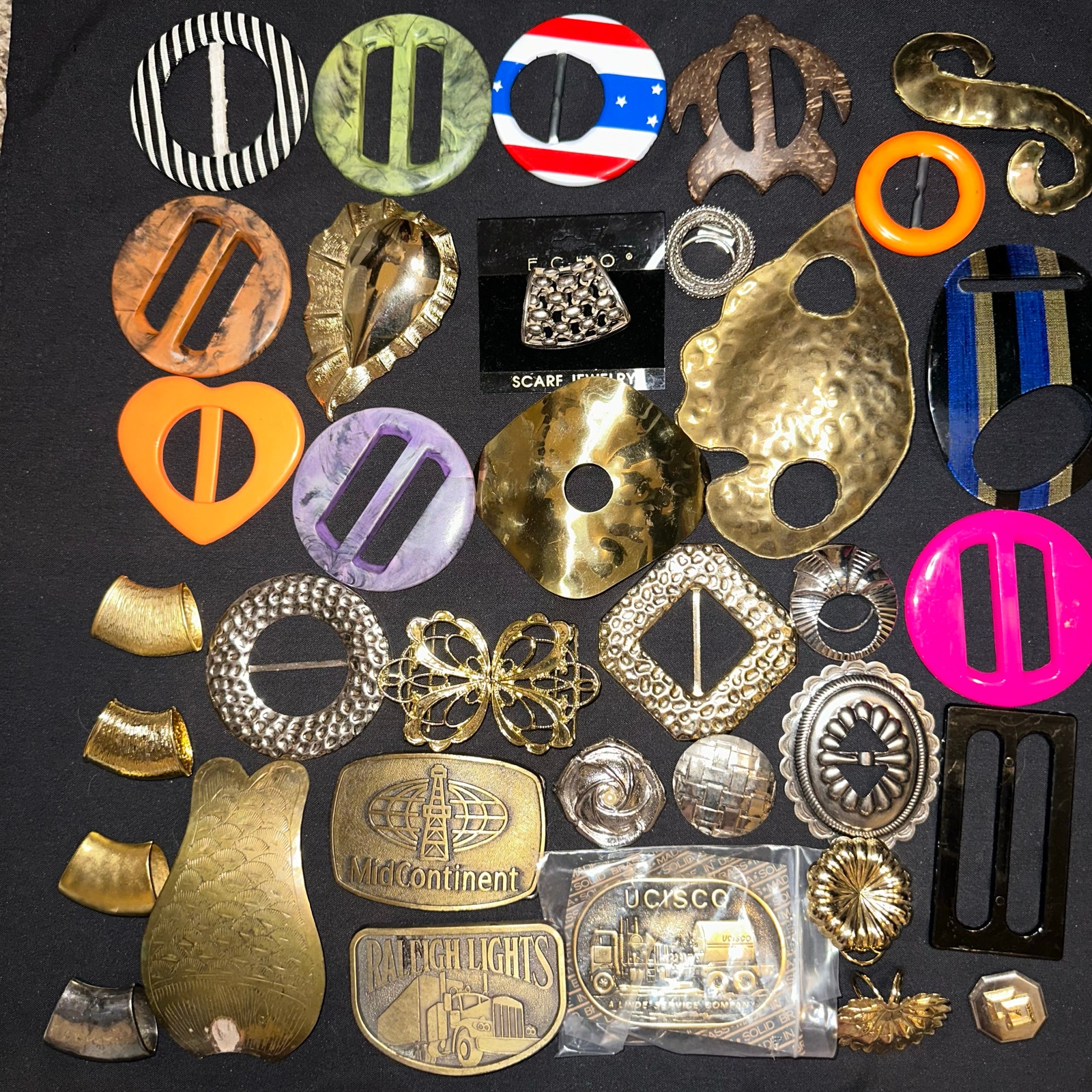 Bundle lot 35 vintage belt buckles scarf slides clips silver gold multicolor