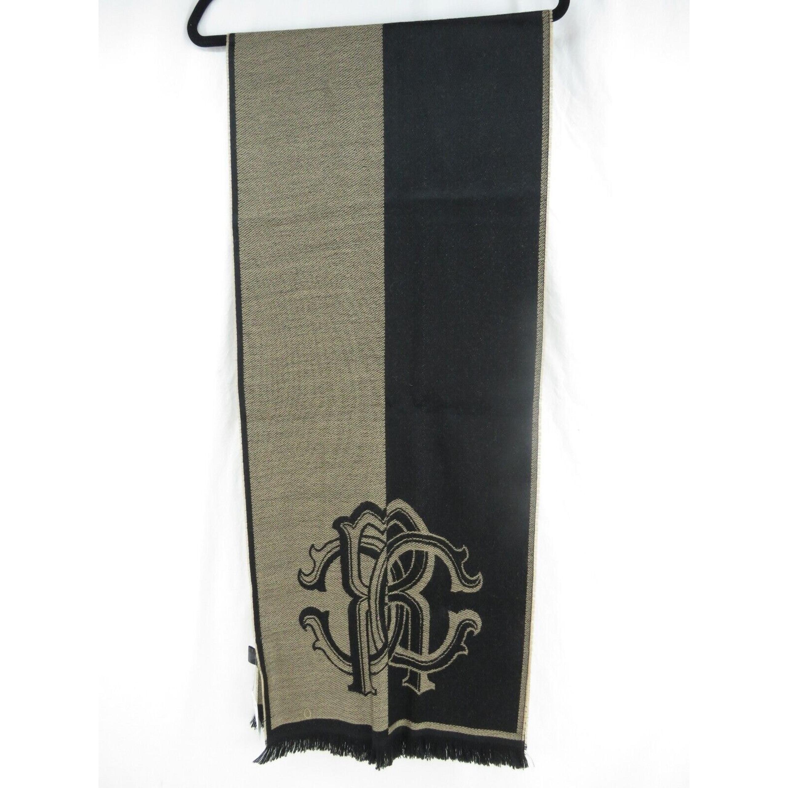 NWT ROBERTO CAVALLI BEIGE BLACK LANA WOOL LOGO SCARF WRAP 72"x 15" $285 ITALY
