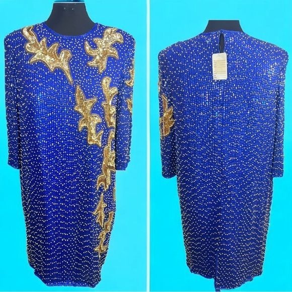 NWT Vtg 80’s DEJA VU Blue & Gold Silk/Rayon beaded 3/4 Sleeve Dress Sz XL