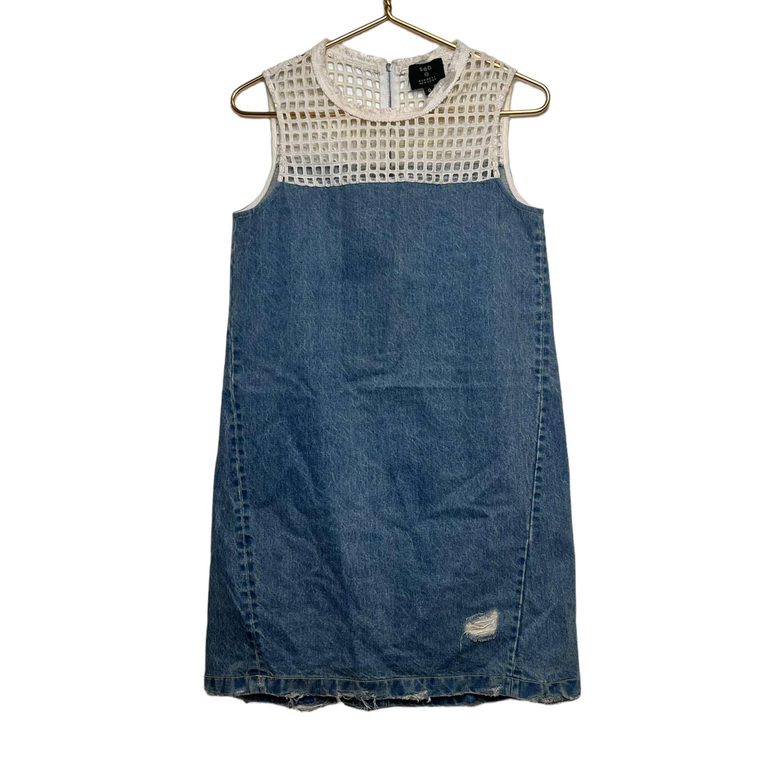 SEA by BARNEYS NEW YORK Dress Distressed Denim Eyelet Sheath Size 0