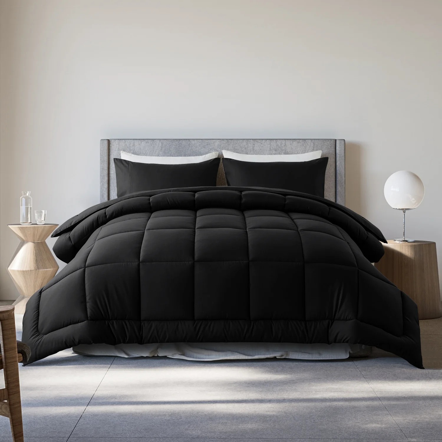 3-Piece Queen Size Down Alternative Comforter Set Black | Comforter + Pillow Cas