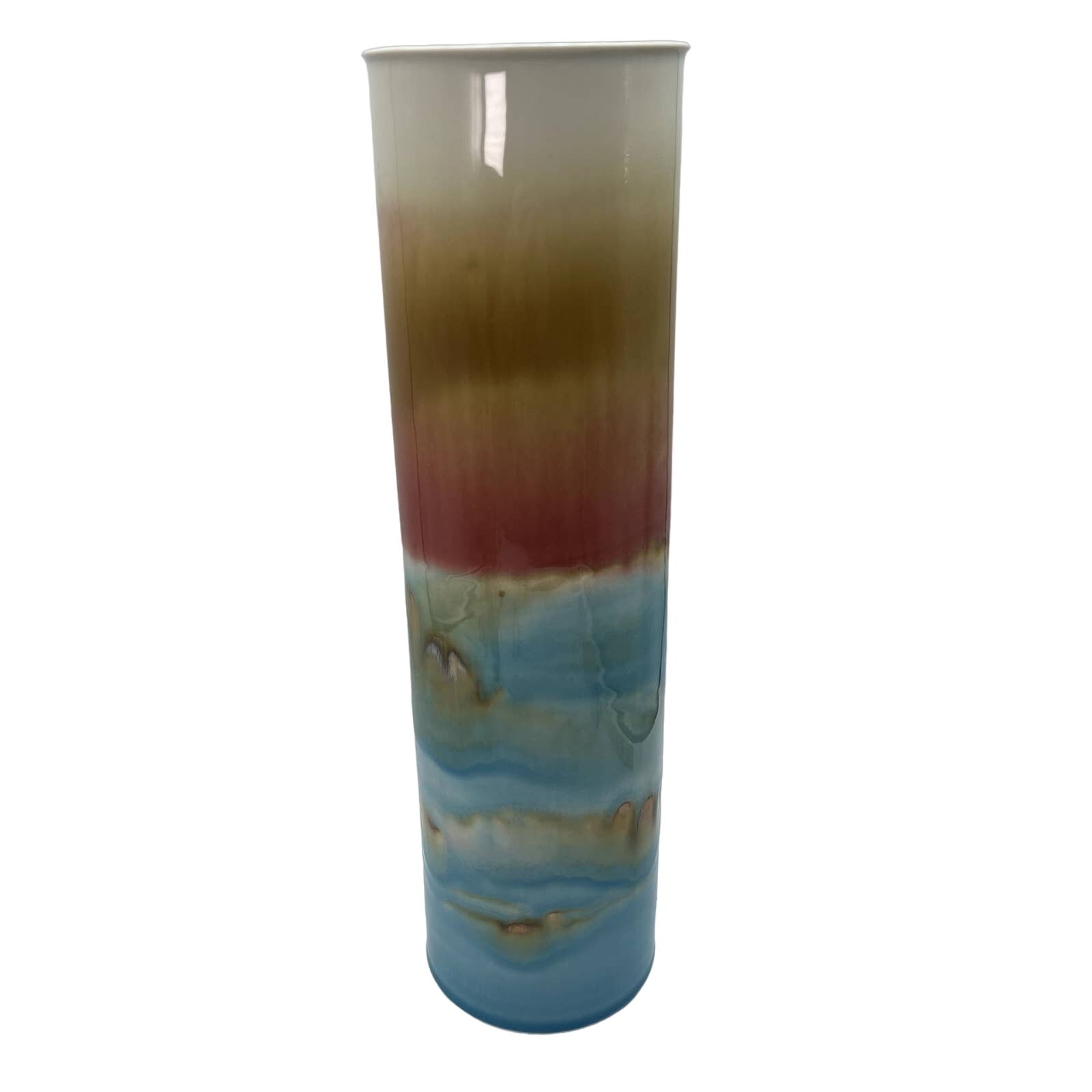 Lg Studio Art Pottery Drip Glaze Cylinder Vase 14.5 Sunset Ocean Beach Signed