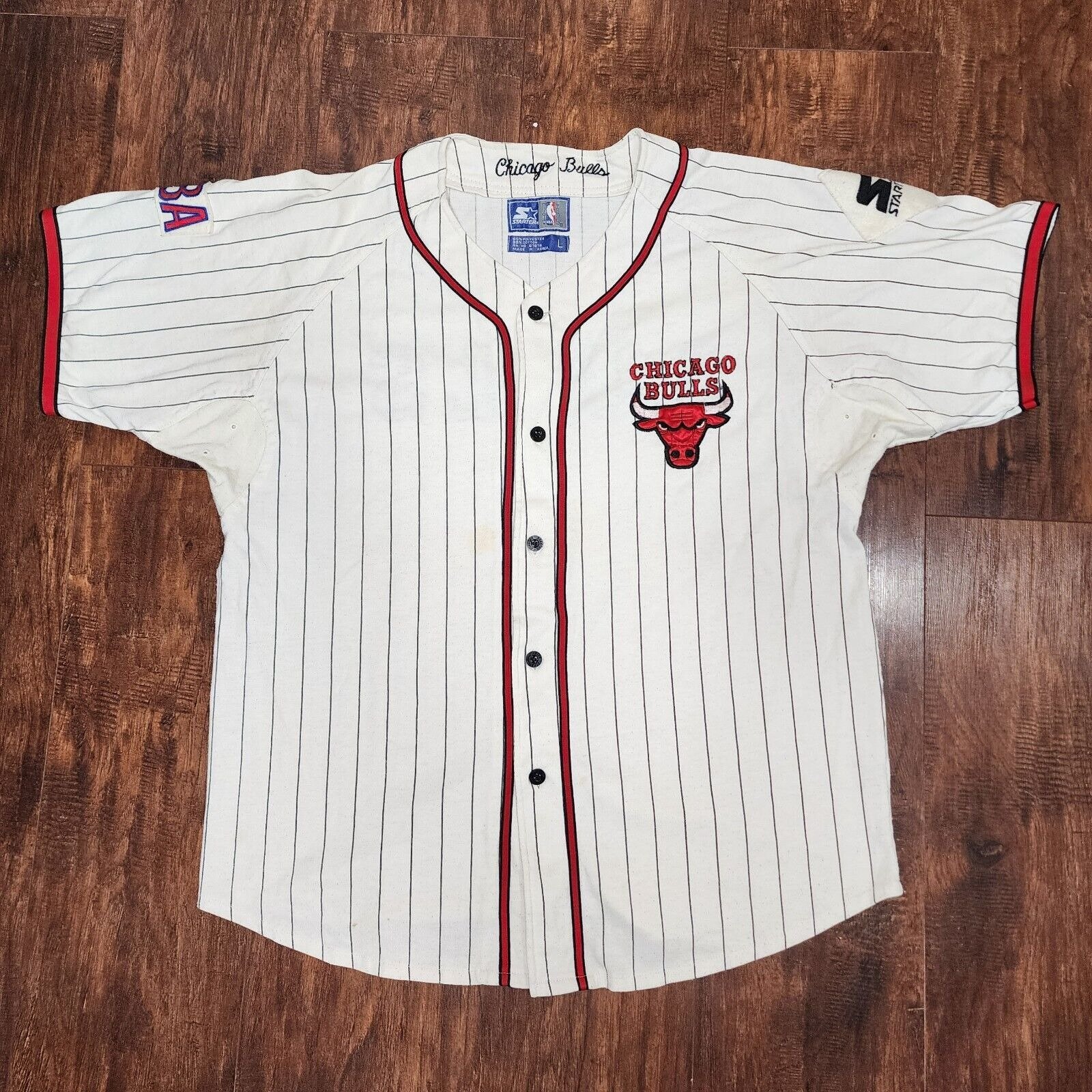 Vtg 90' Chicago Bulls Baseball Jersey Men L Starter Pinstripe Embroidered READ