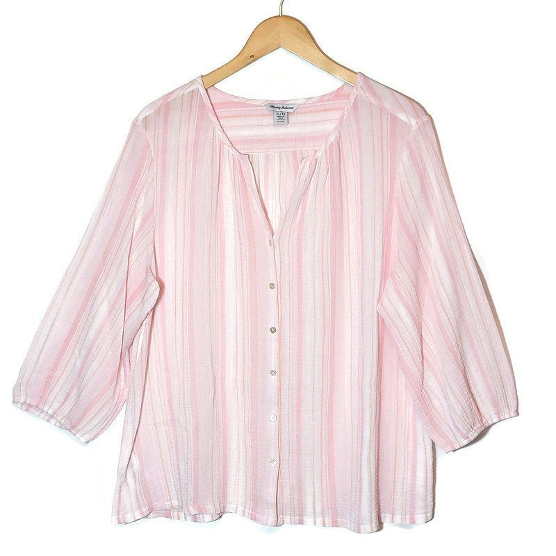 Tommy Bahama Stripe Button Down Top Pink & White Relaxed Fit Casual Blouse XL