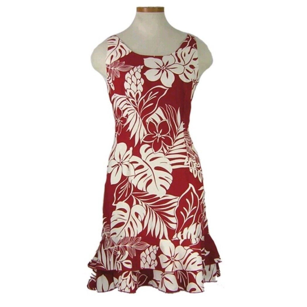 VTG Honolulu Red Floral Monstera Hawaiian Strappy Dress Double Flounce Womens XL