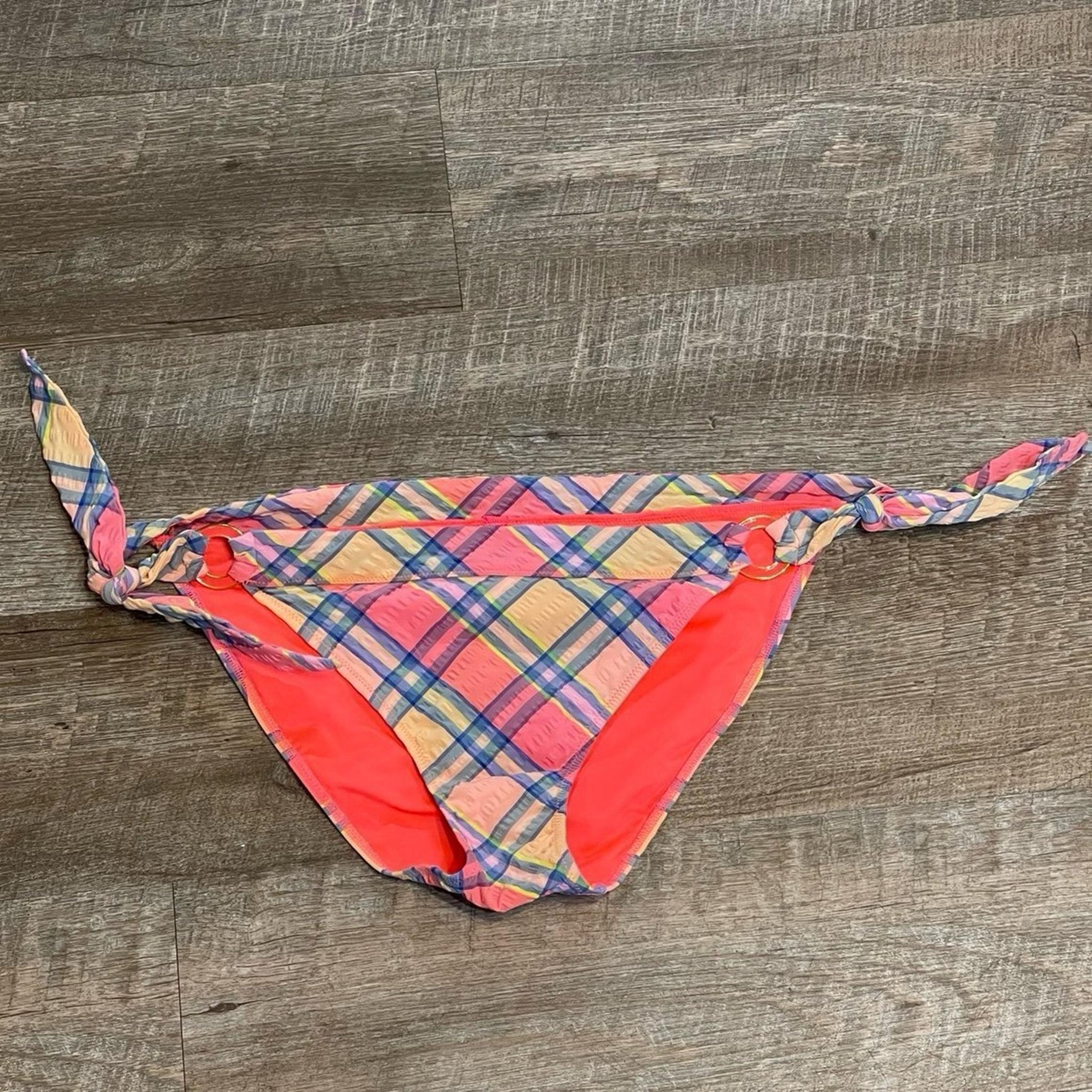 Victoria’s Secret Swim Pink Crinkle Madras Plaid Bikini Bottoms Tie Side Large