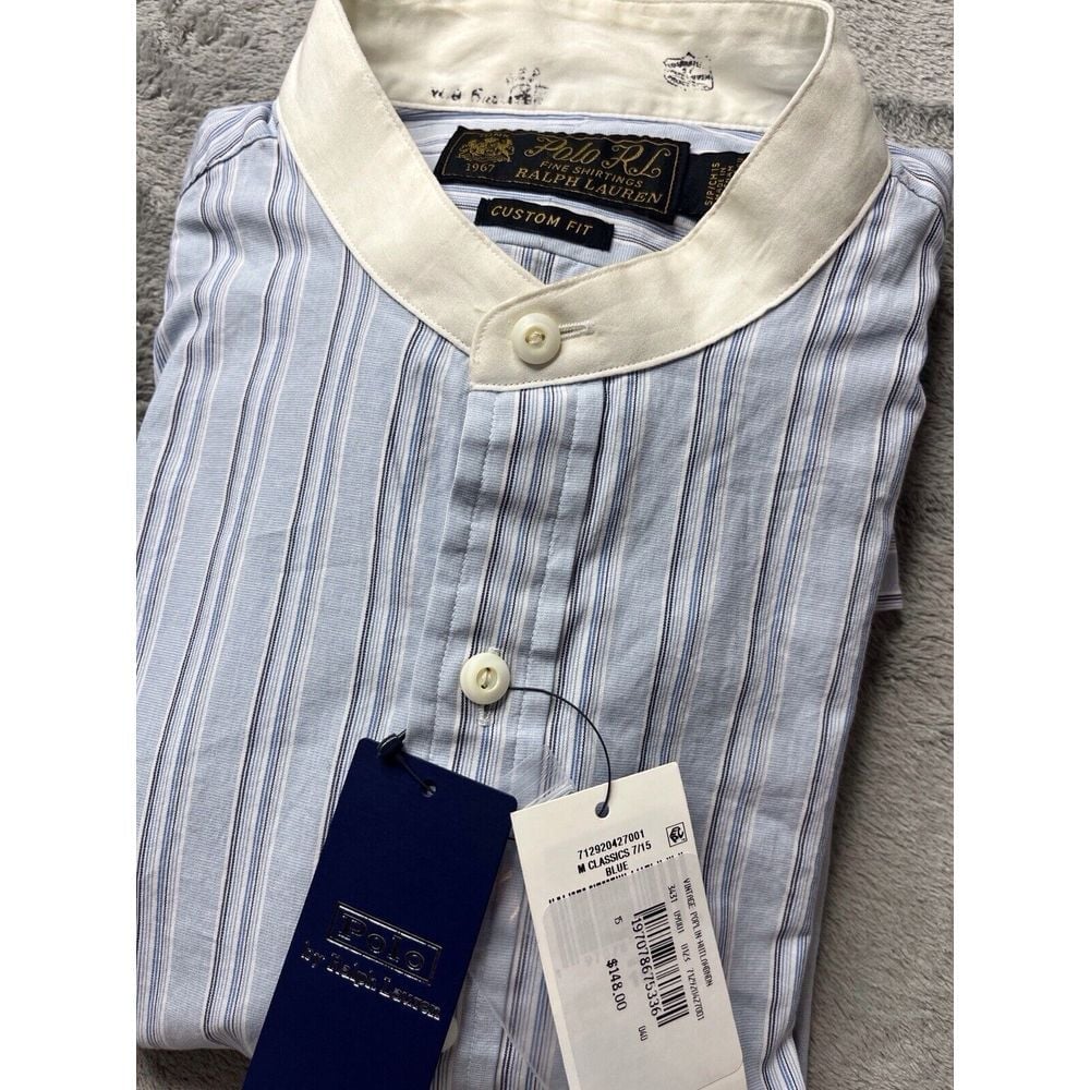 NWT Polo Ralph Lauren Bohemian Shirt White Striped Band Collar Button Mens