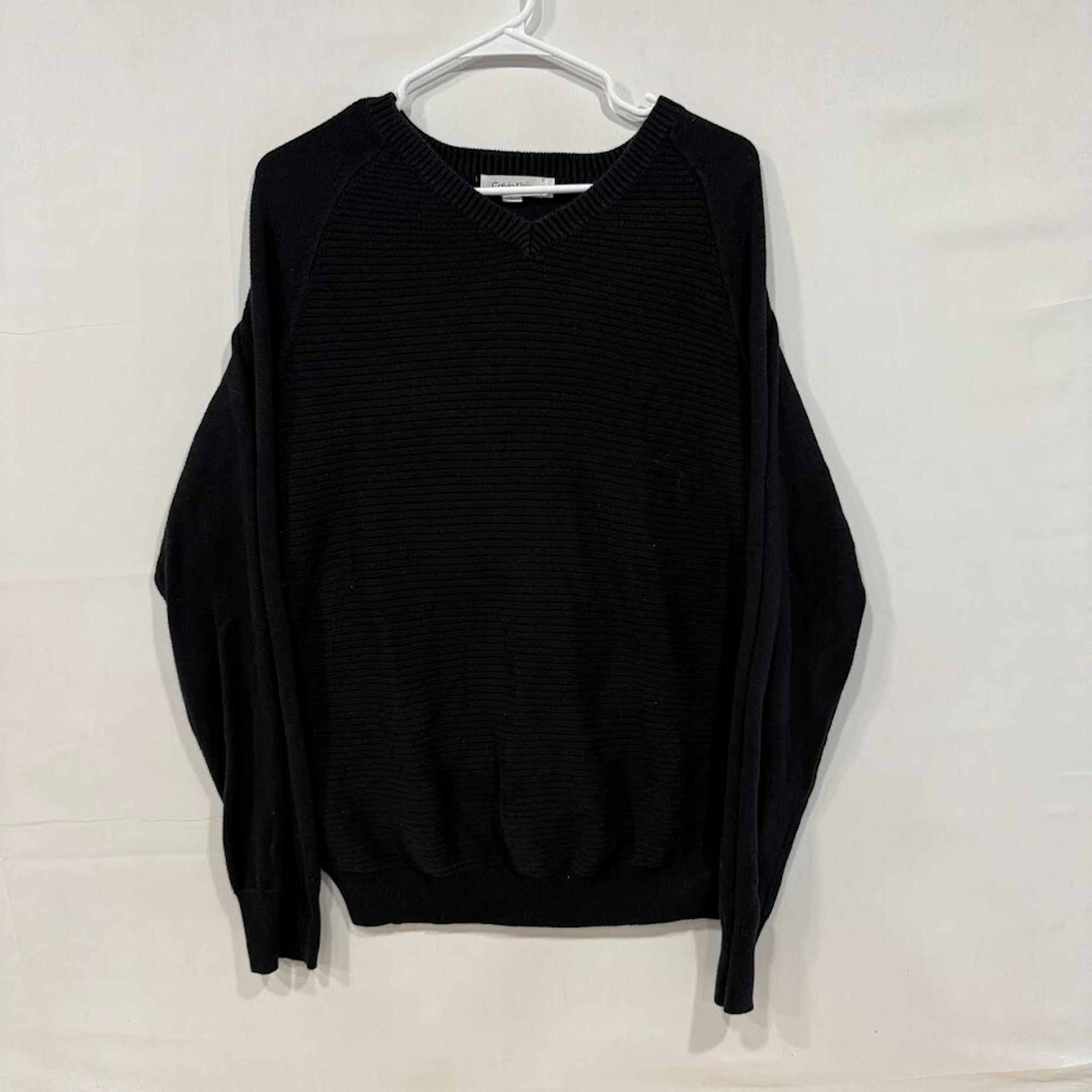 Calvin Klein Sweater Men M Black Ribbed Knit V-Neck Long Sleeve Pullover