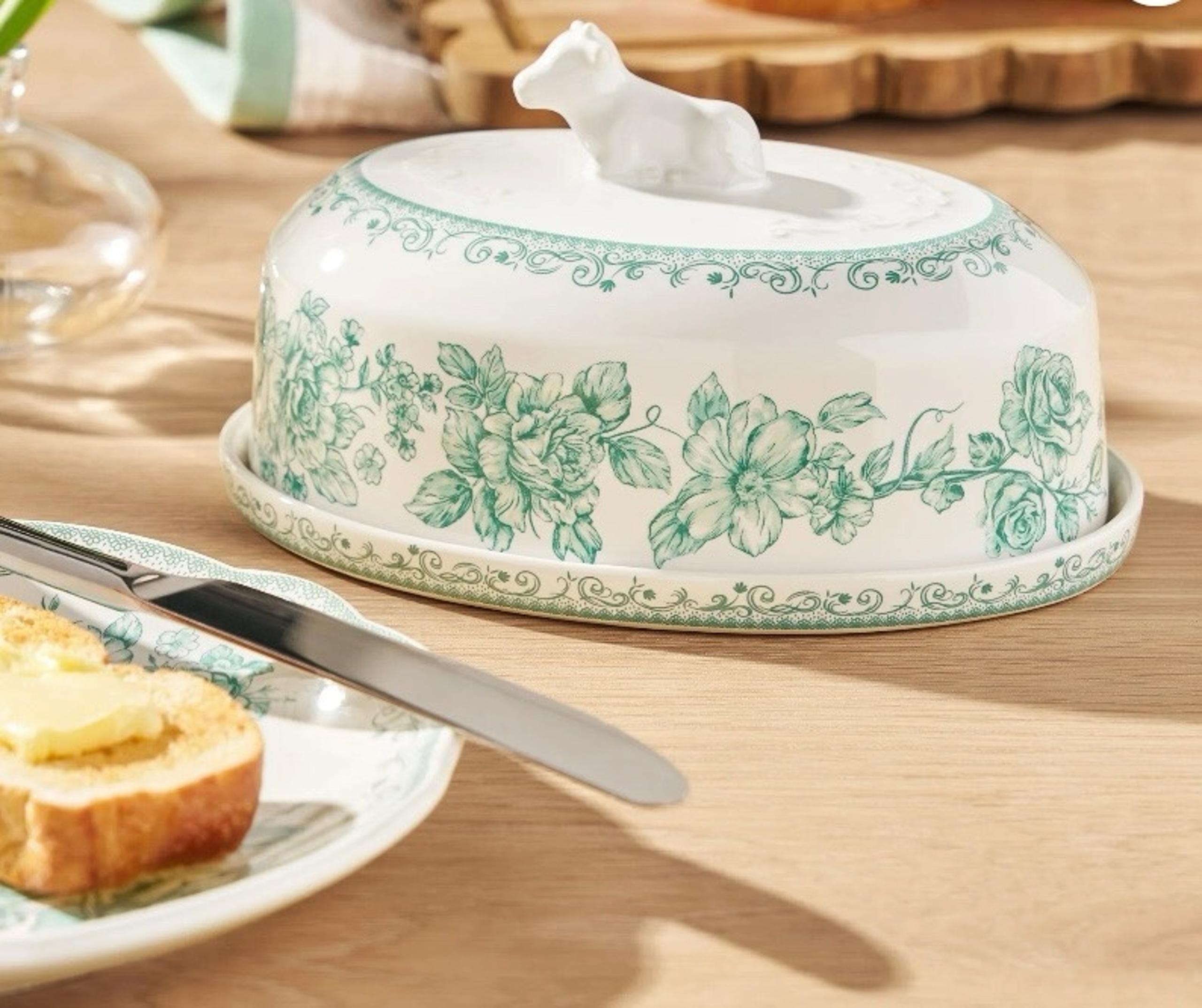 pioneer woman green and white butter dish