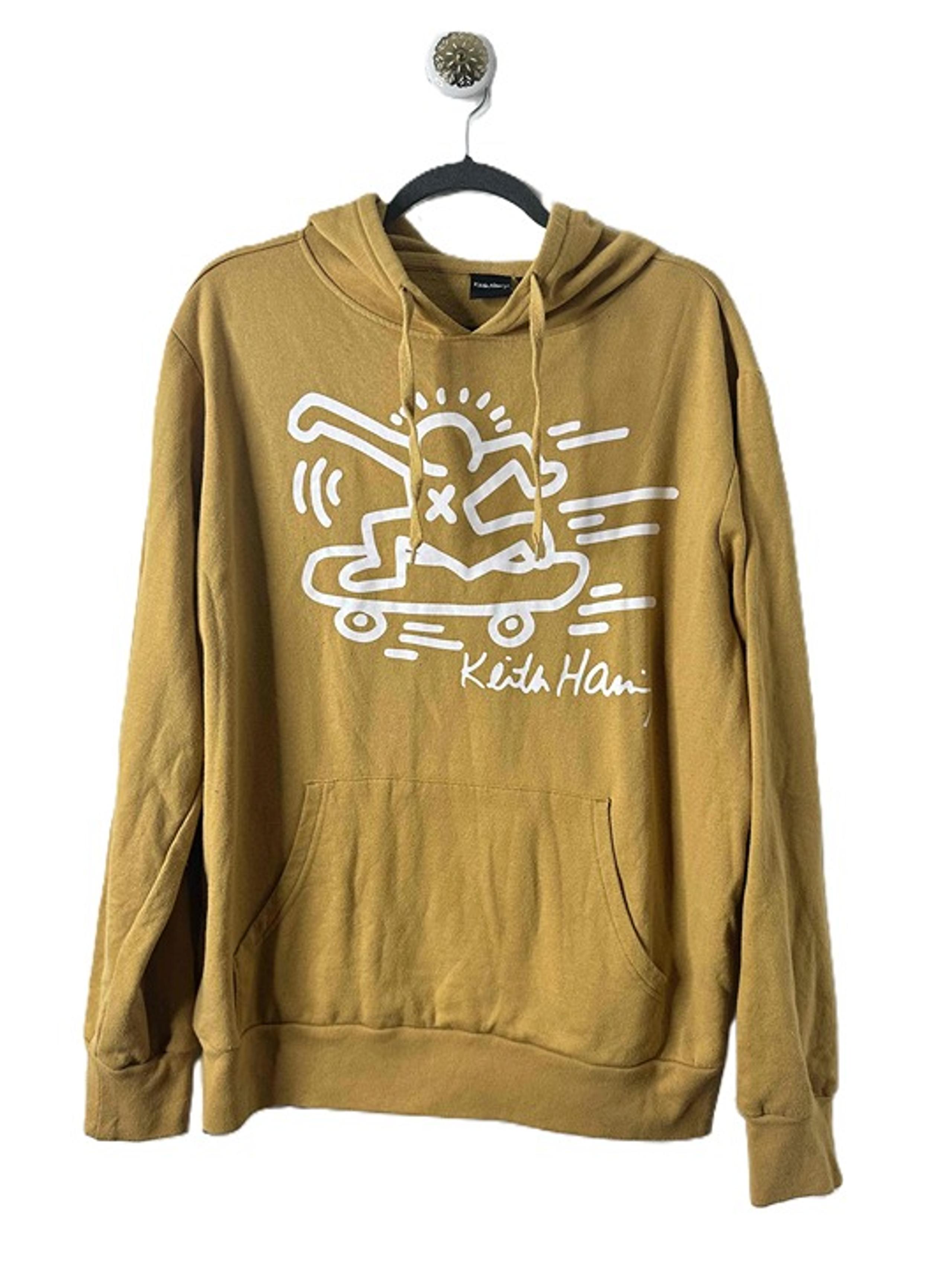 Keith Haring Hoodie Men Size Large Gold White Graphic Print Pullover Skater Wear