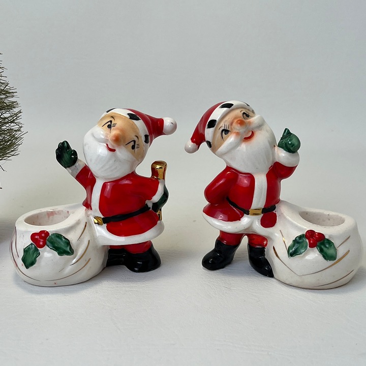 Vintage Holt Howard Santa Candle Holder Pair