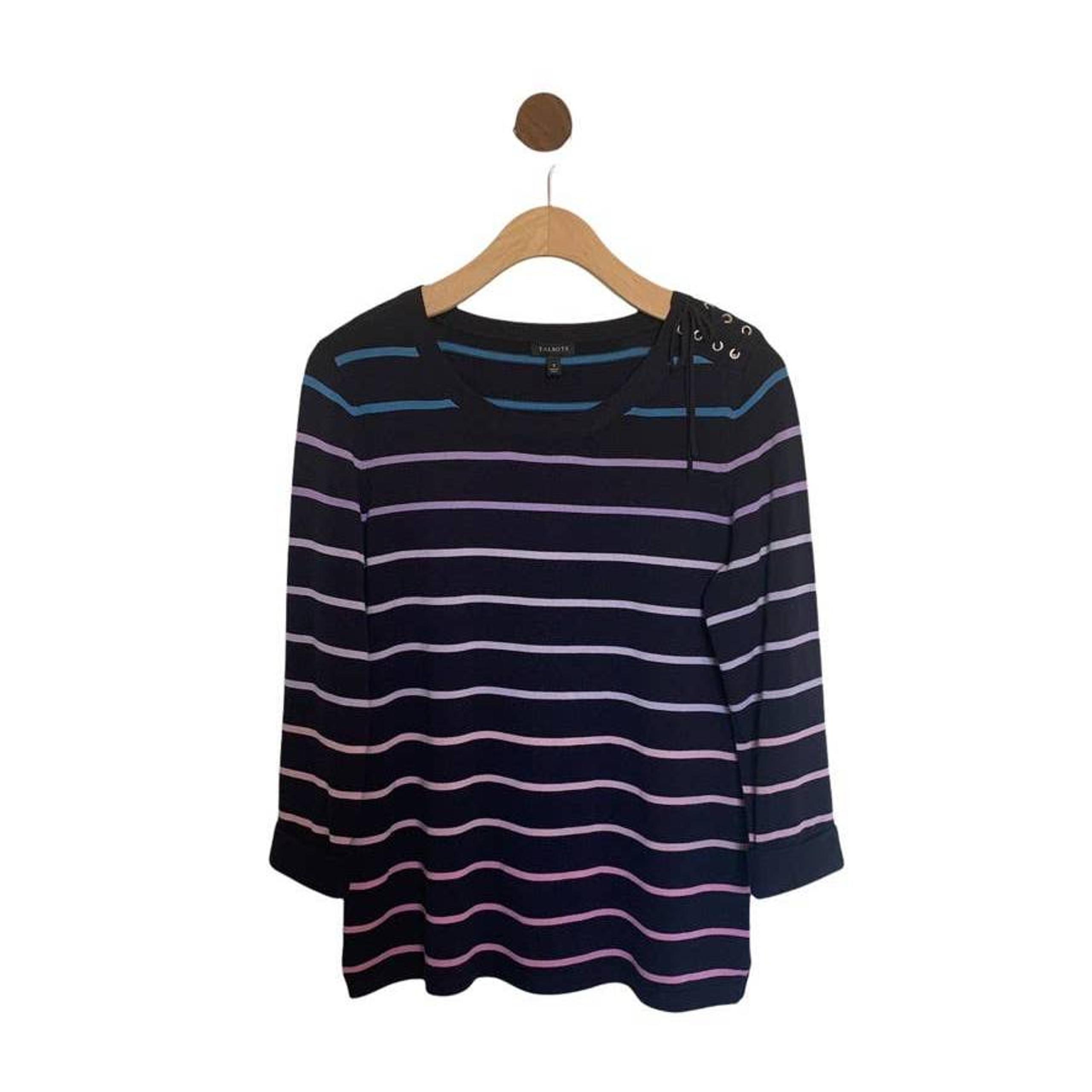Talbots Womens Pullover Sweater Size Small 3/4 Sleeve Hombre Striped Navy Comfy