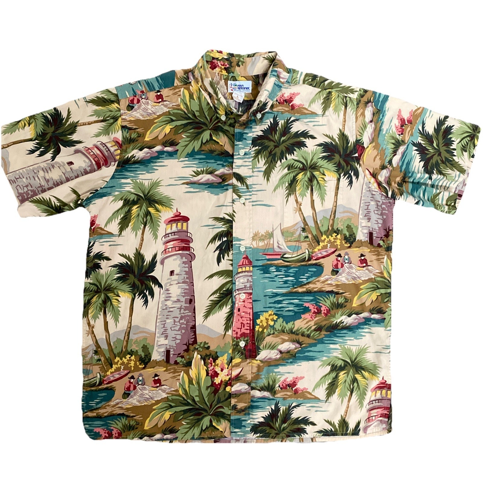 Reyn Spooner Shirt Short Sleeve Hawaiian Floral Tropical Lighthouse Palm Boat L