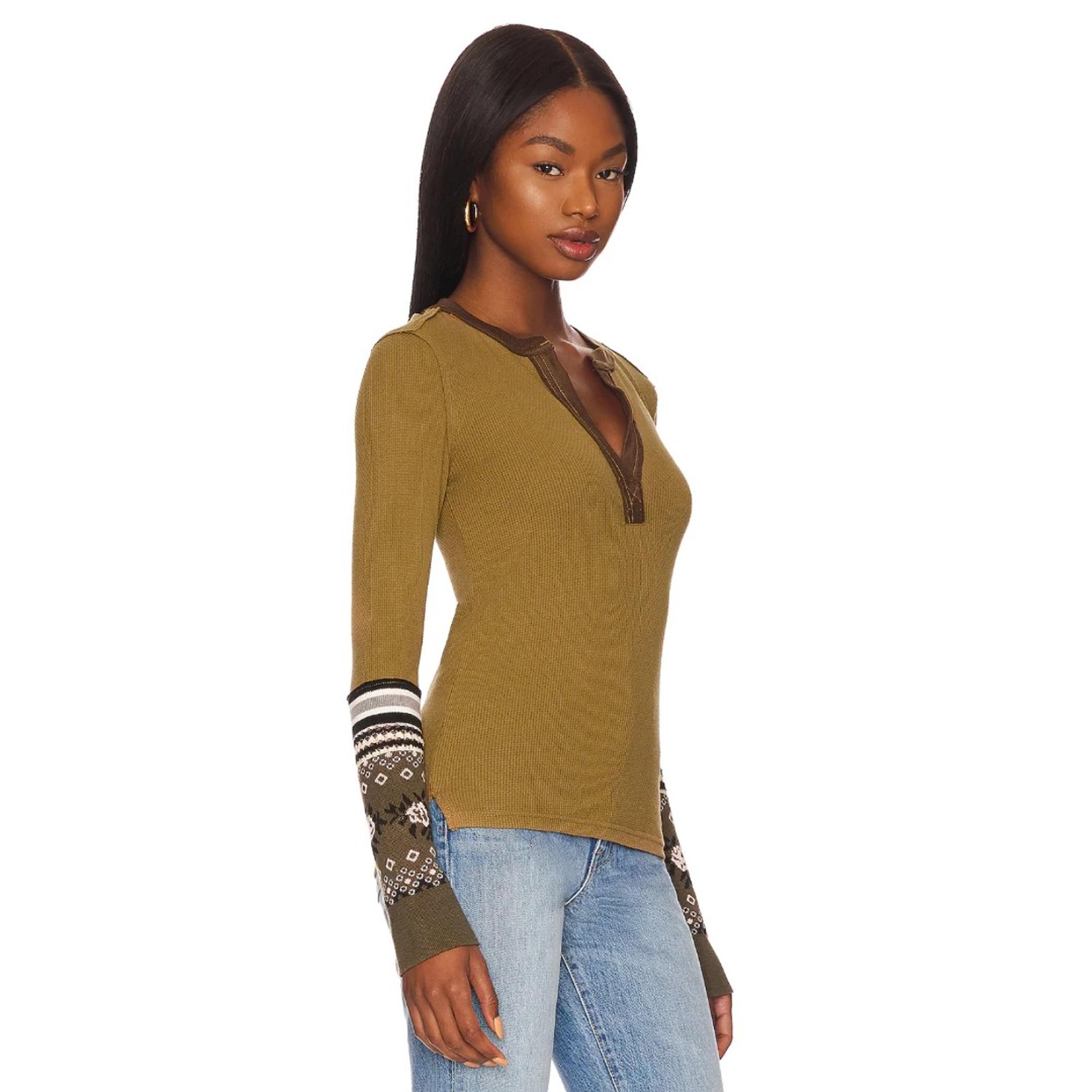 Free People NWT Mikah Layering Cuff Long Sleeve Mixed Media Army Combo Large New