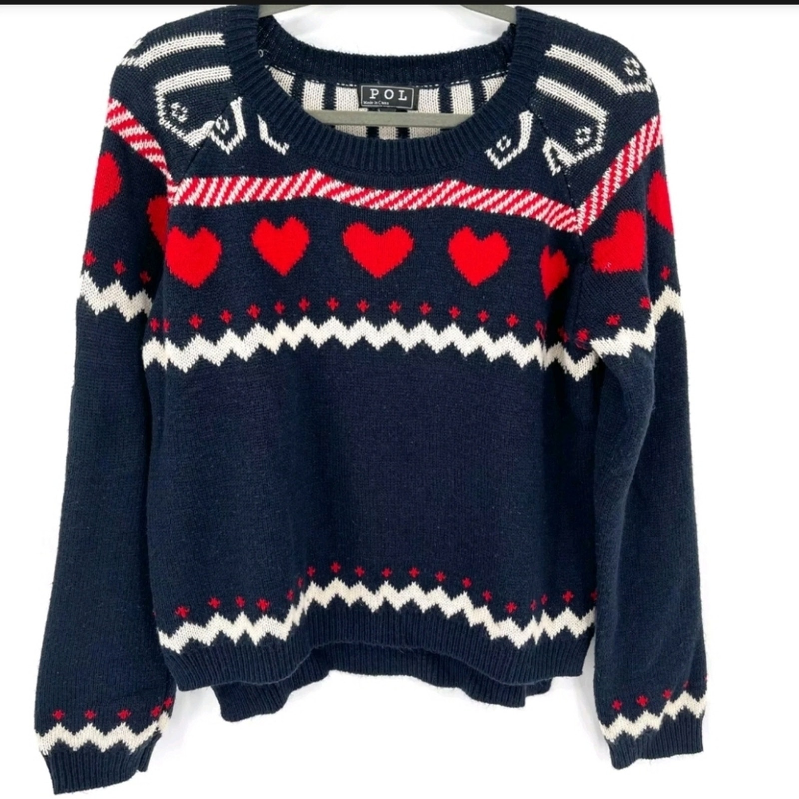 POL Navy Heart Graphic Crewneck Hi-Lo Sweater Women Medium, Valentine's Day