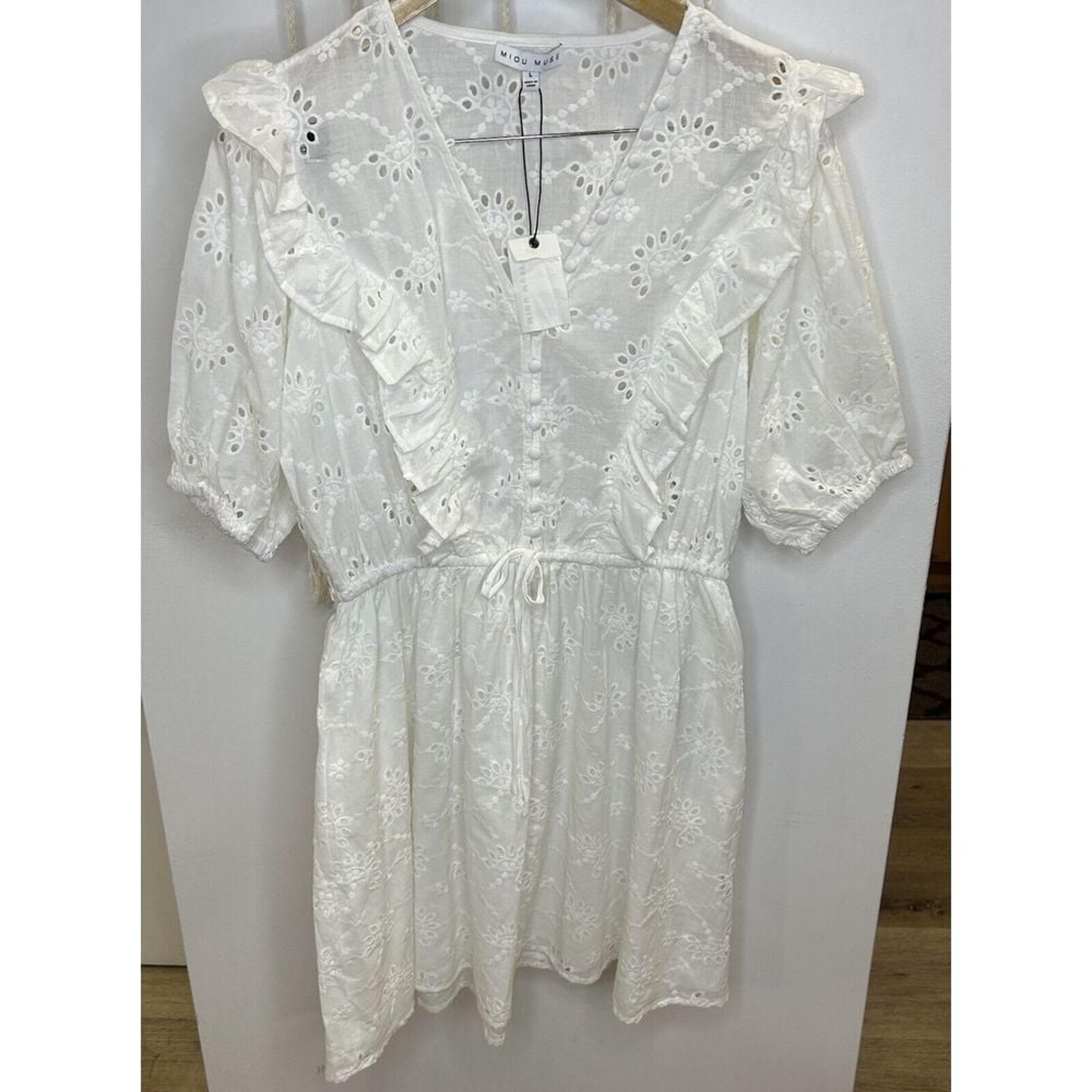 New!Miou Muse Dress Med Florence Embroidered Eyelet Ruffle Button Puff Sleeve L