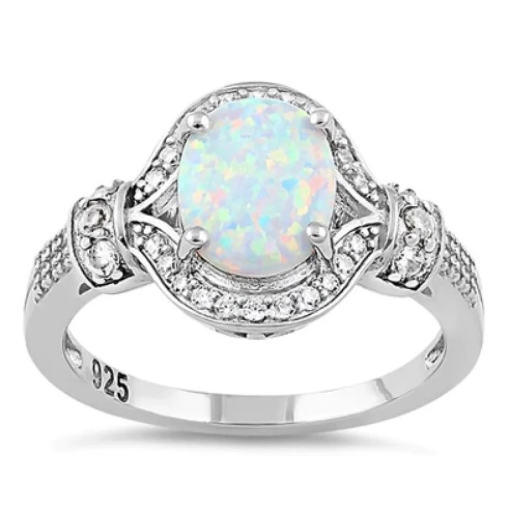 Size 9, 925 STERLING SILVER Lab Created White Fire Opal Cubic Zirconia Ring