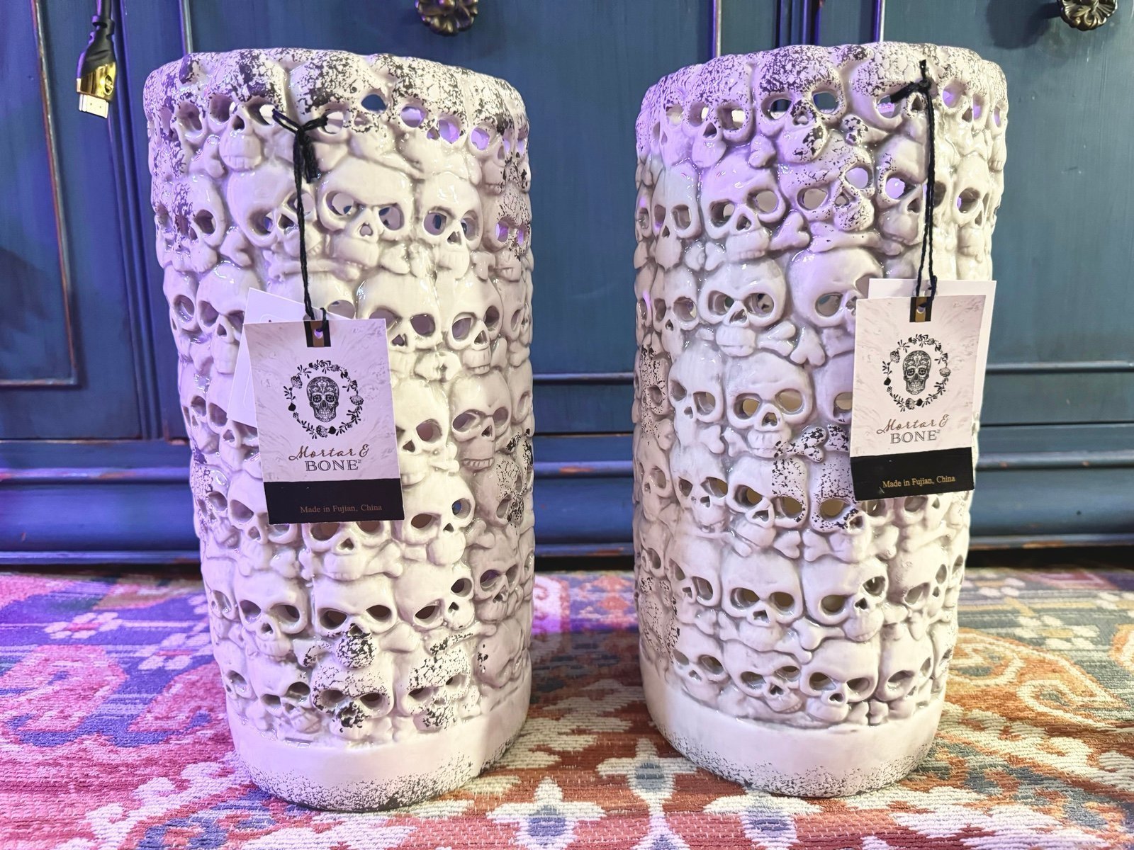 Mortar and Bone Ceramic Skull Lanterns (Two)