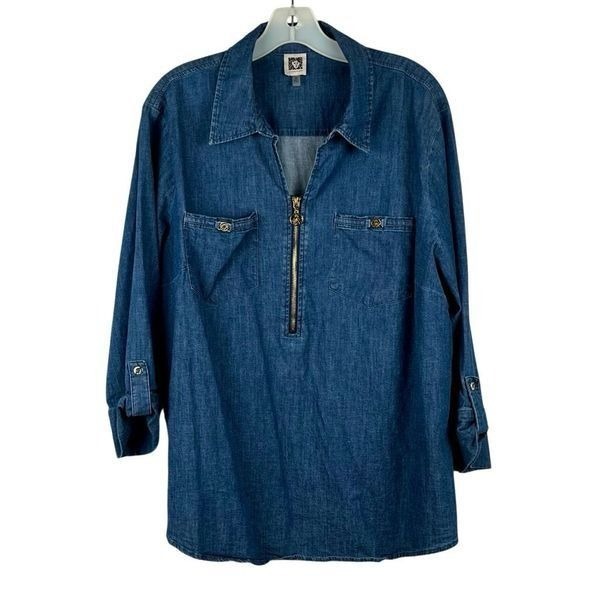 Anne Klein Denim V-neck 1/4 Zip 3/4 Sleeve Blouse 2X