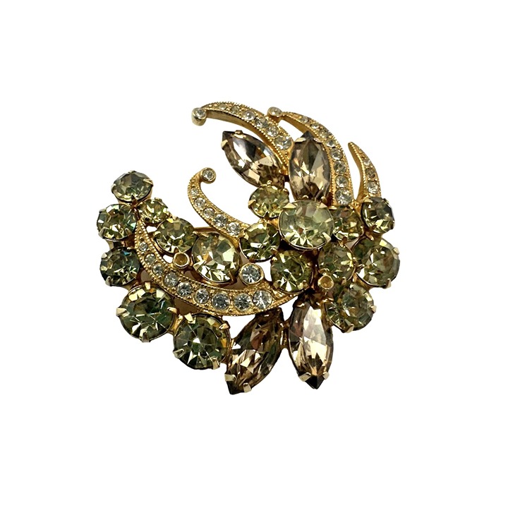 Vintage Eisenberg Sparkly Brooch Rhinestone Gold Tone Statement Pin 60s