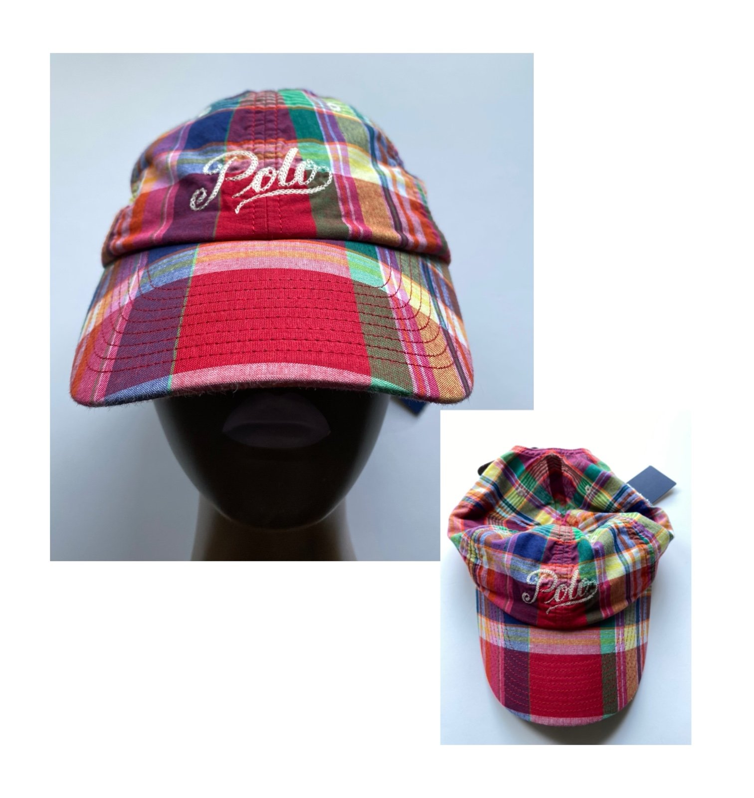 POLO RALPH LAUREN Men's Madras Plaid Baseball Cap Hat Cursive Logo LEATHER STRAP