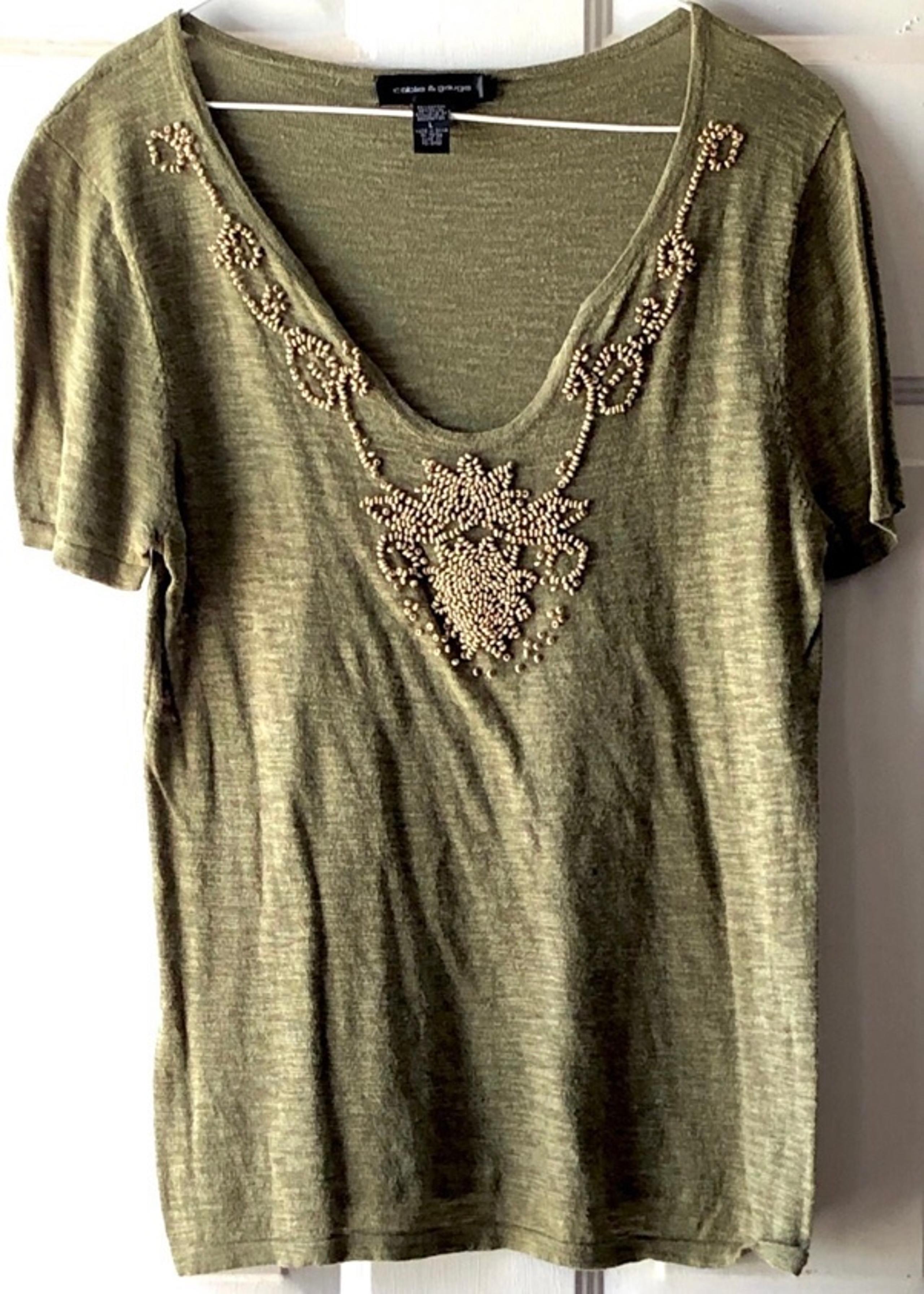 Cable & Gauge Olive Green Wood Bead Detail Short Sleeve Burnout Knit Top Large