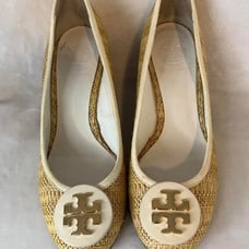 Tory Burch Beige White Jute Leather Wedge Pumps