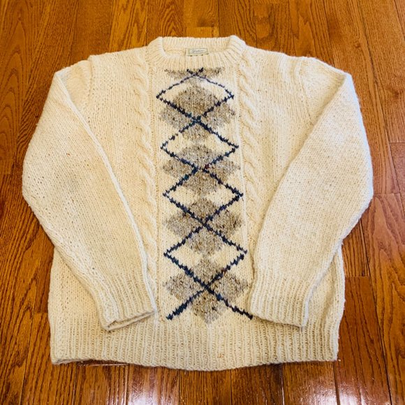 Gaeltarra Vintage Aran Knit Wool Jumper Cream Sweater Made in Ireland Mens Large