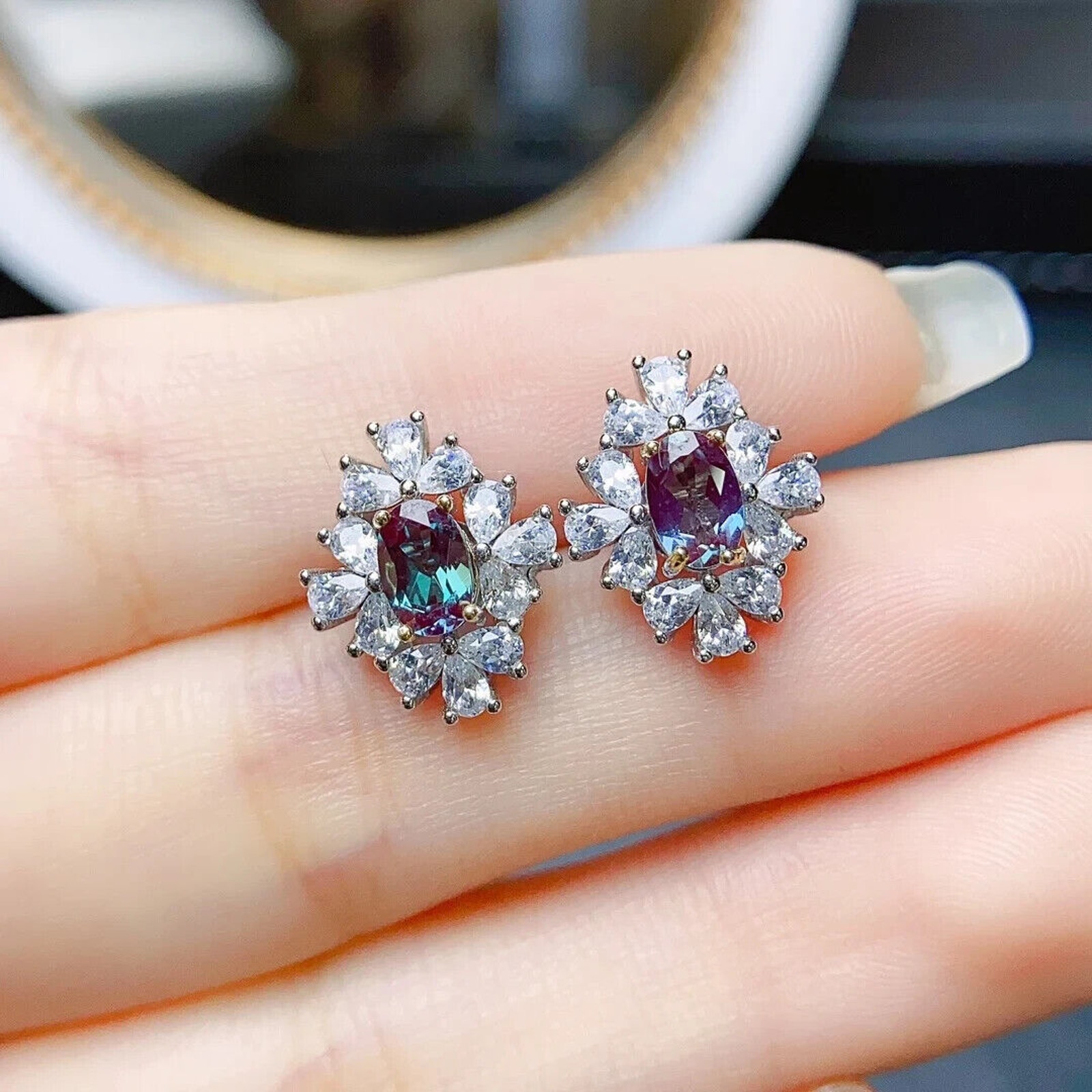Color Changing Alexandrite Cluster Earrings, Lab Created Alexandrite Earrings