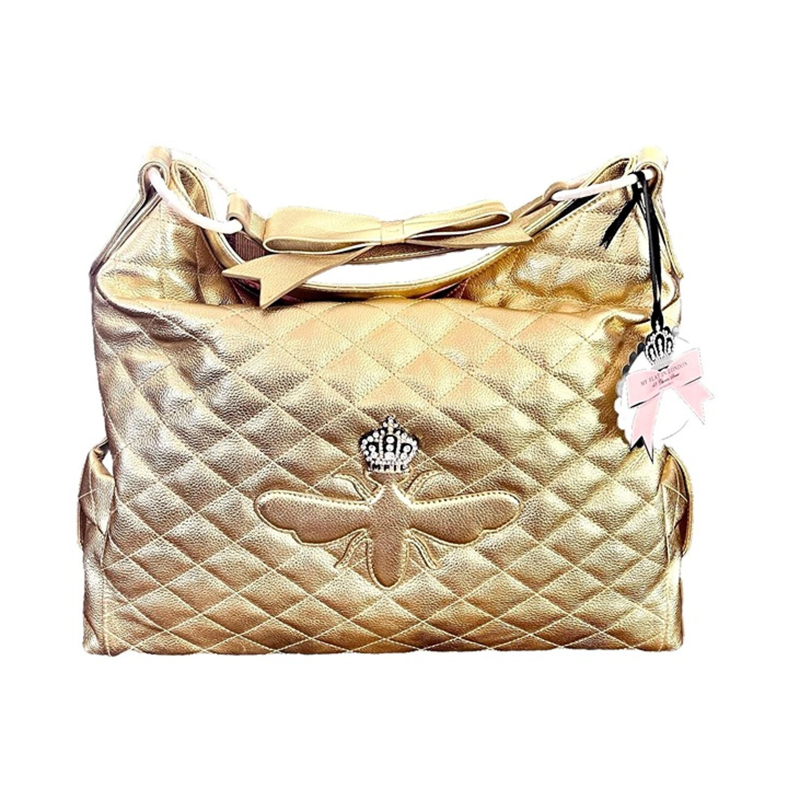 My Flat In London Queen Bee XL Quilted Gold Leather Slouch Shoulder Bag - NEW!