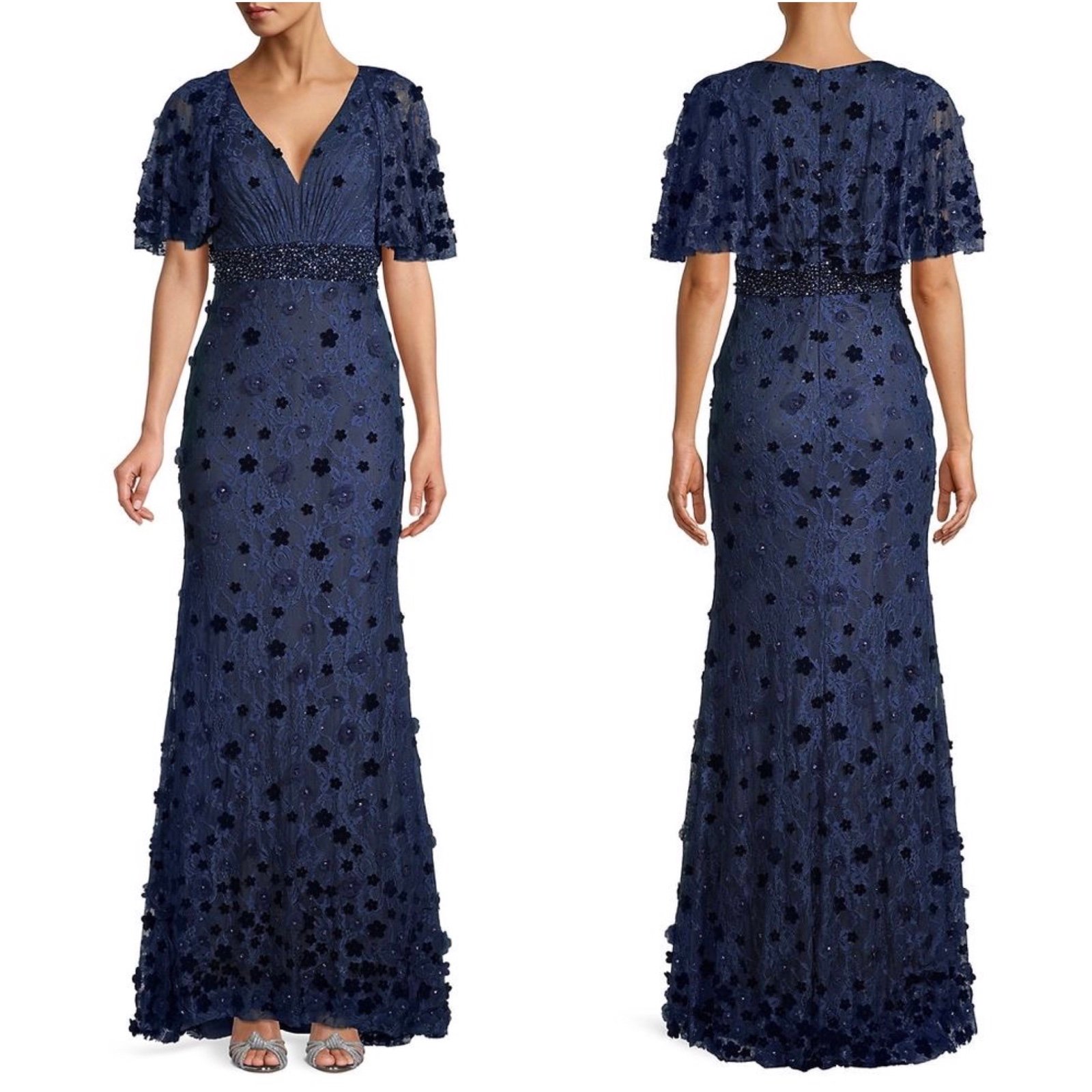 Floral Embellished V-Neck Appliqué Flutter Sleeve Lace Empire Waist Gown
