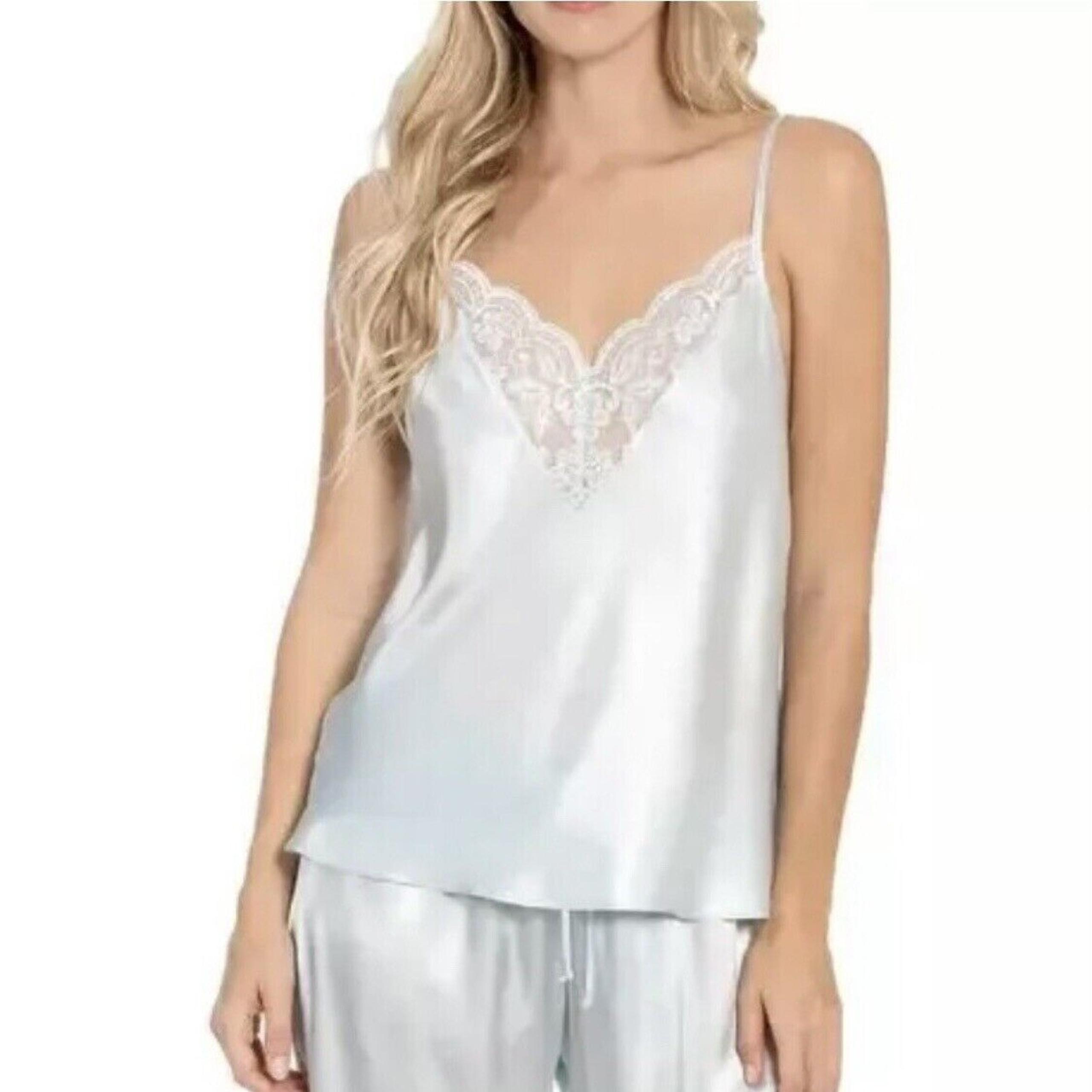 In Bloom by Jonquil NWT Women's Lindsay Satin & Lace Pajama Palest Blue Top L