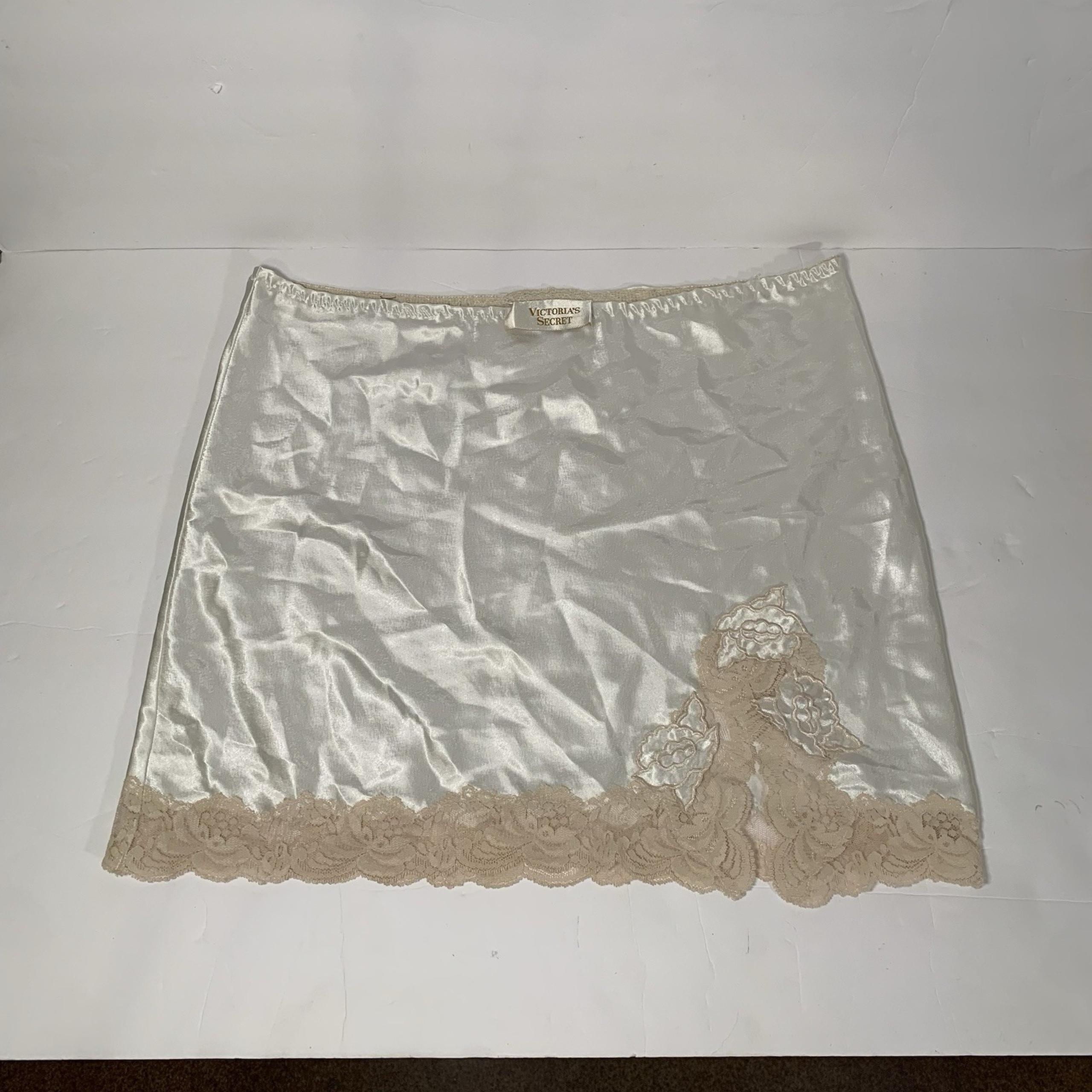 Vtg 90's Victoria's Secret Gold Label Satin Beige Slip Mini Skirt Lace Trim