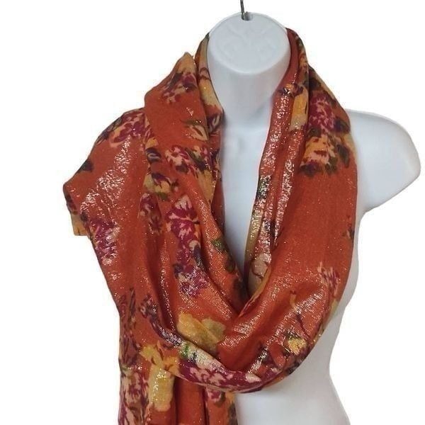 MOKSHA FINE WOVEN floral metallic wrap scarf wool shawl shimmering orange red