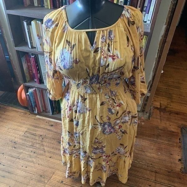 Orange Creek modest mustard yellow floral keyhole fit and flare dress
