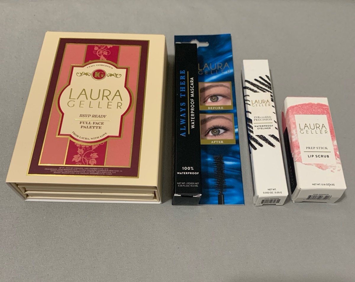 Laura Geller RSVP Face Palette/Mascara/Eyeliner/Lip Scrub Bundle