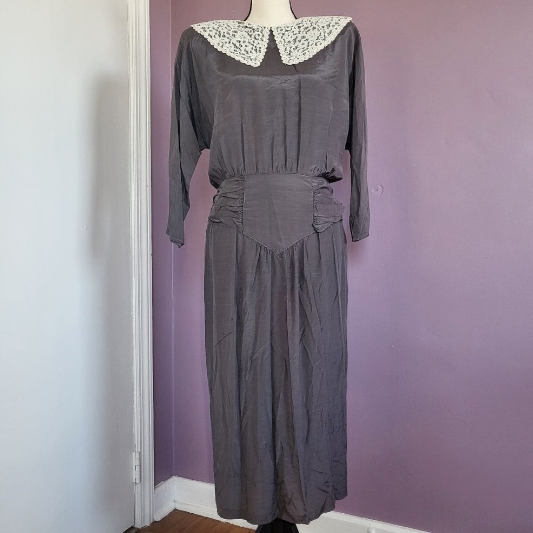 Eloquence Vintage 80s Lace Collar Shoulder Pad Dropped Gathered Waist Dress