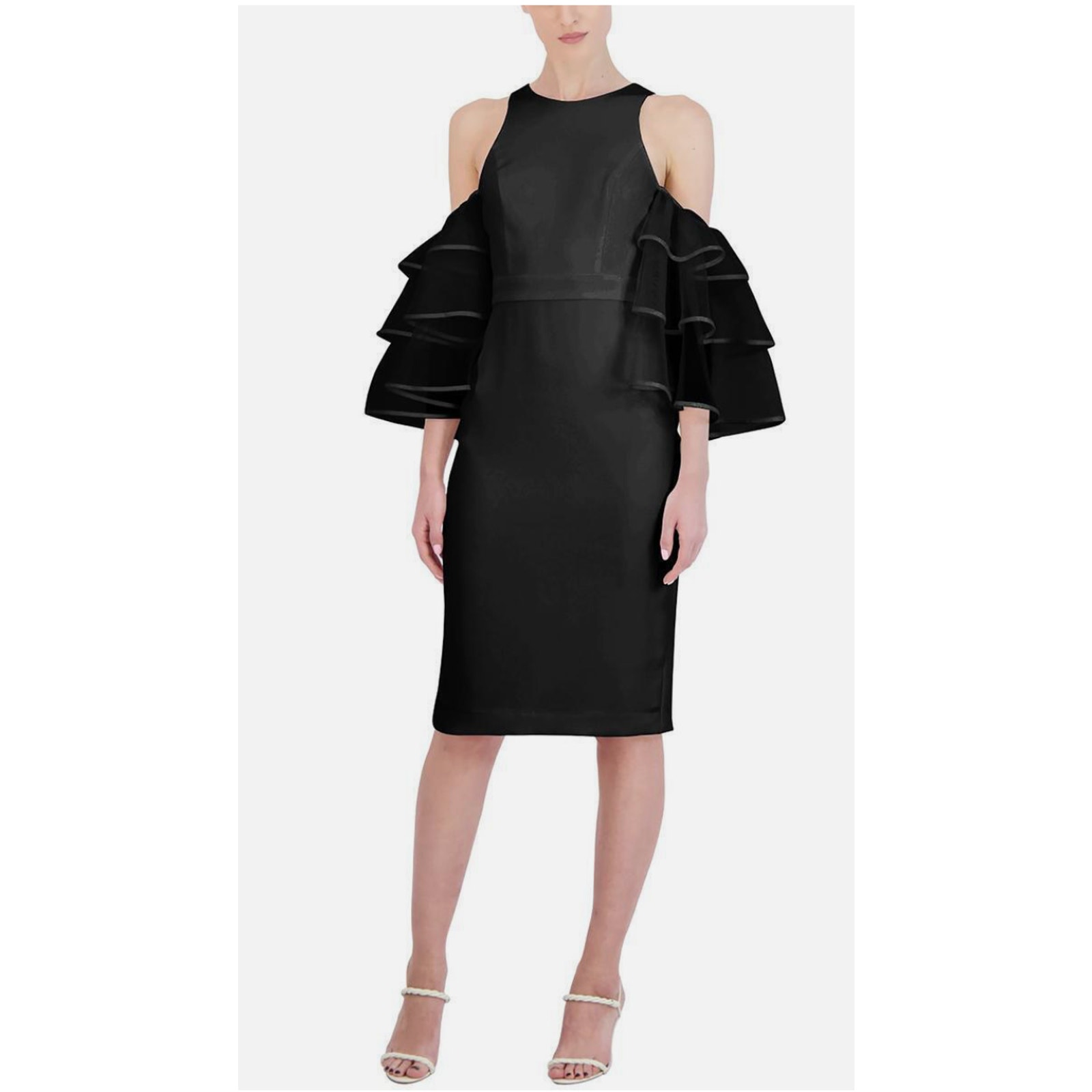 BCBGMAXAZRIA Womens Black Sheath Dress Cold Shoulder Ruffle Sleeve Size 4 NWT