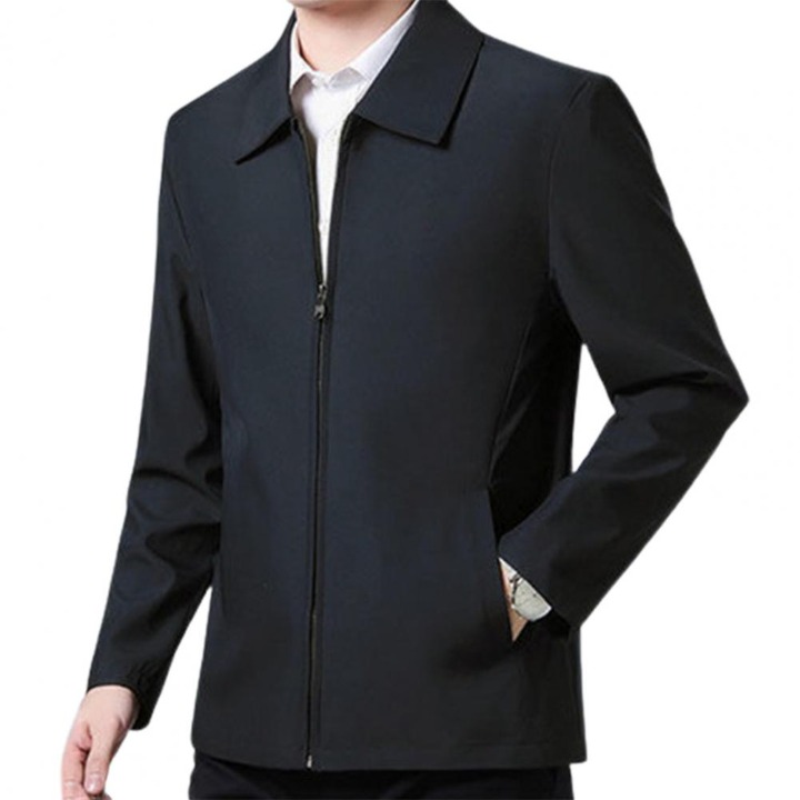 Solid Color Casual Jackets for Autumn Wint Men's Coat Smooth Zipper Lapel Colla