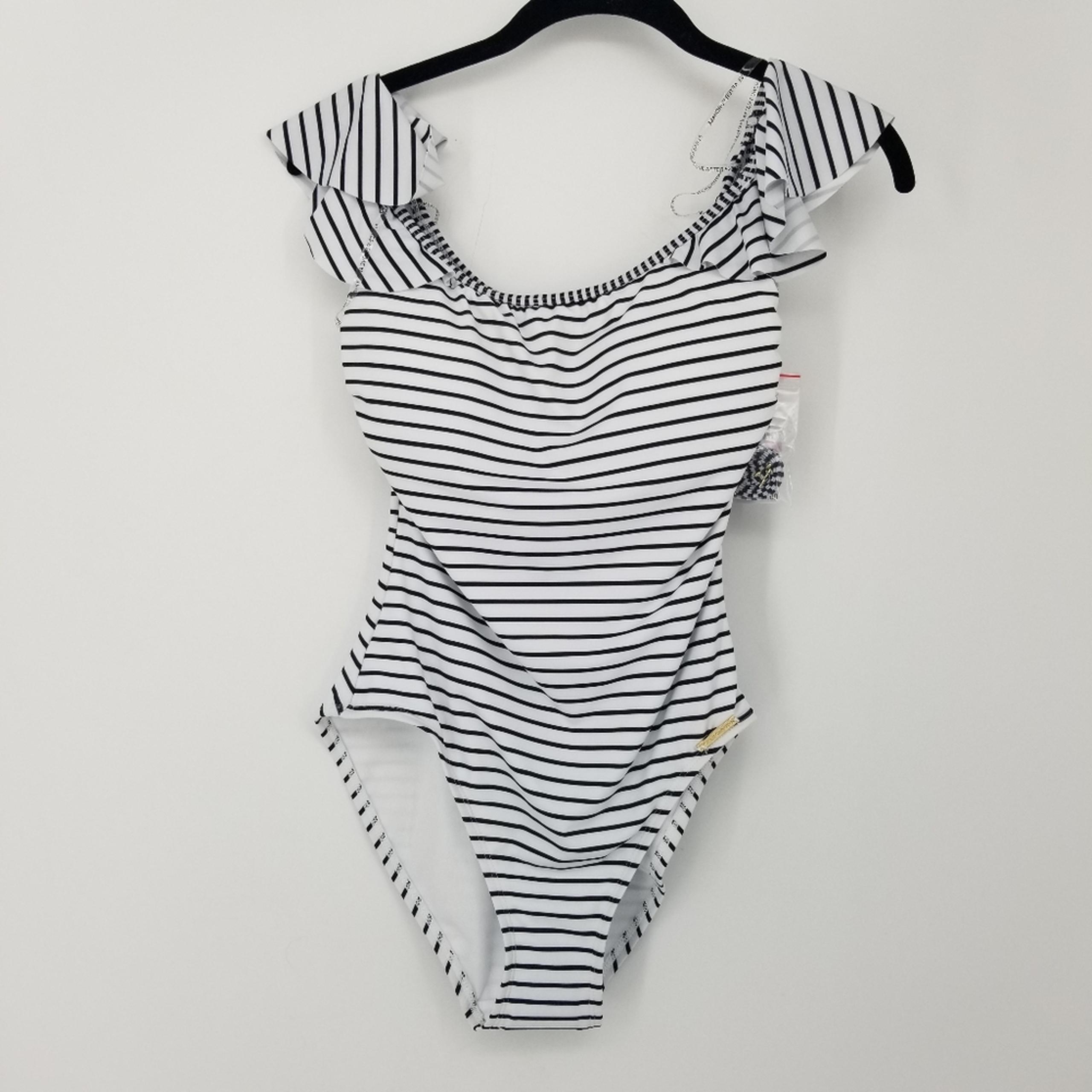 Vince Camuto Black/White Stripe Ruffle Off Shoulder Swimsuit Size 6 NWT
