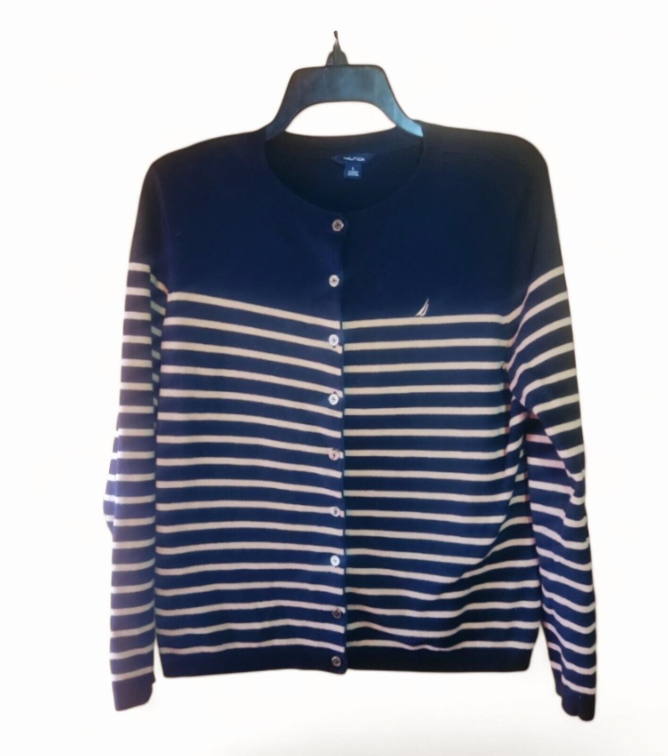 Nautica Blue Tan Striped Button Up lightweight Cardigan Sweater Large