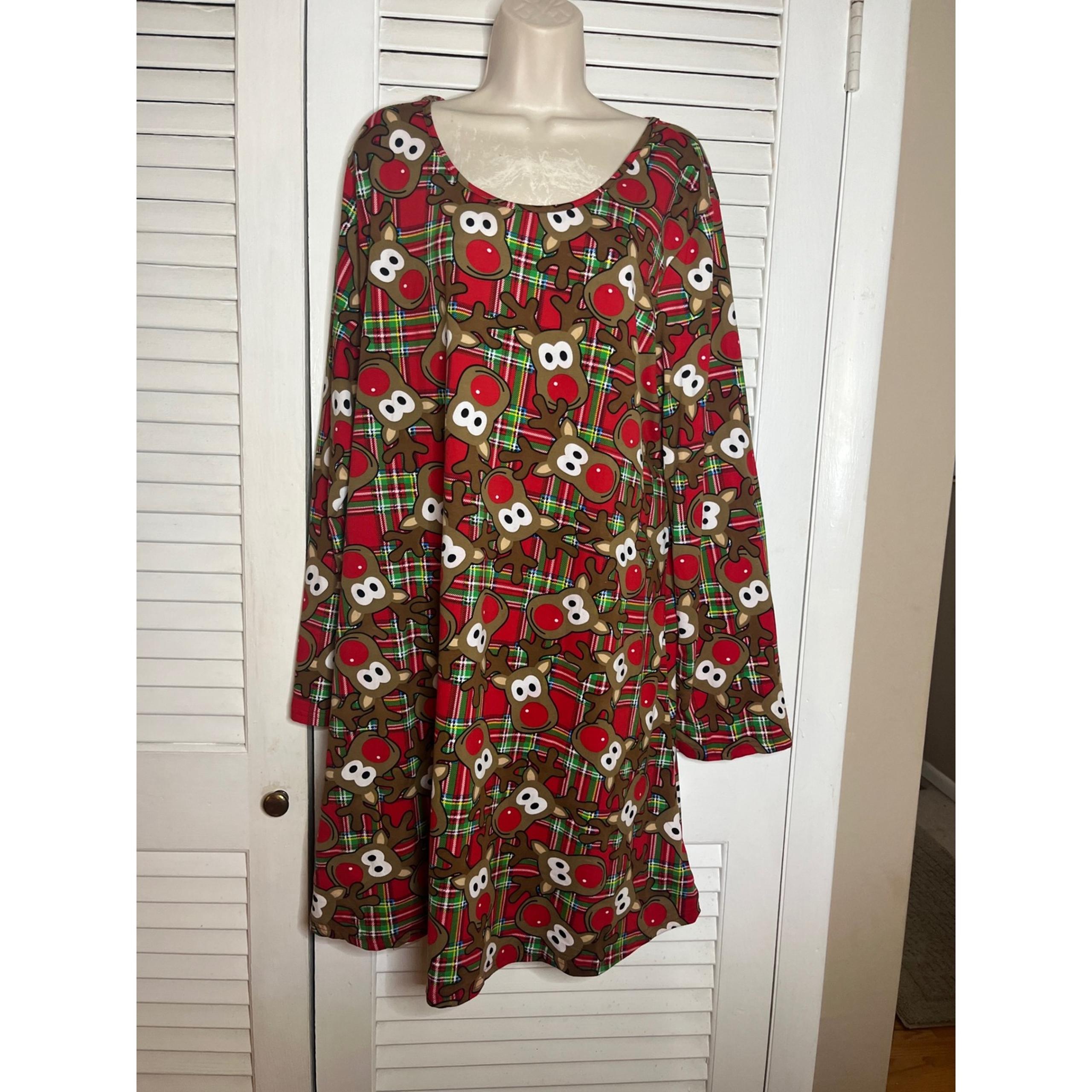 Just Love Christmas Reindeer Plaid Print Long Sleeve Dress 2X