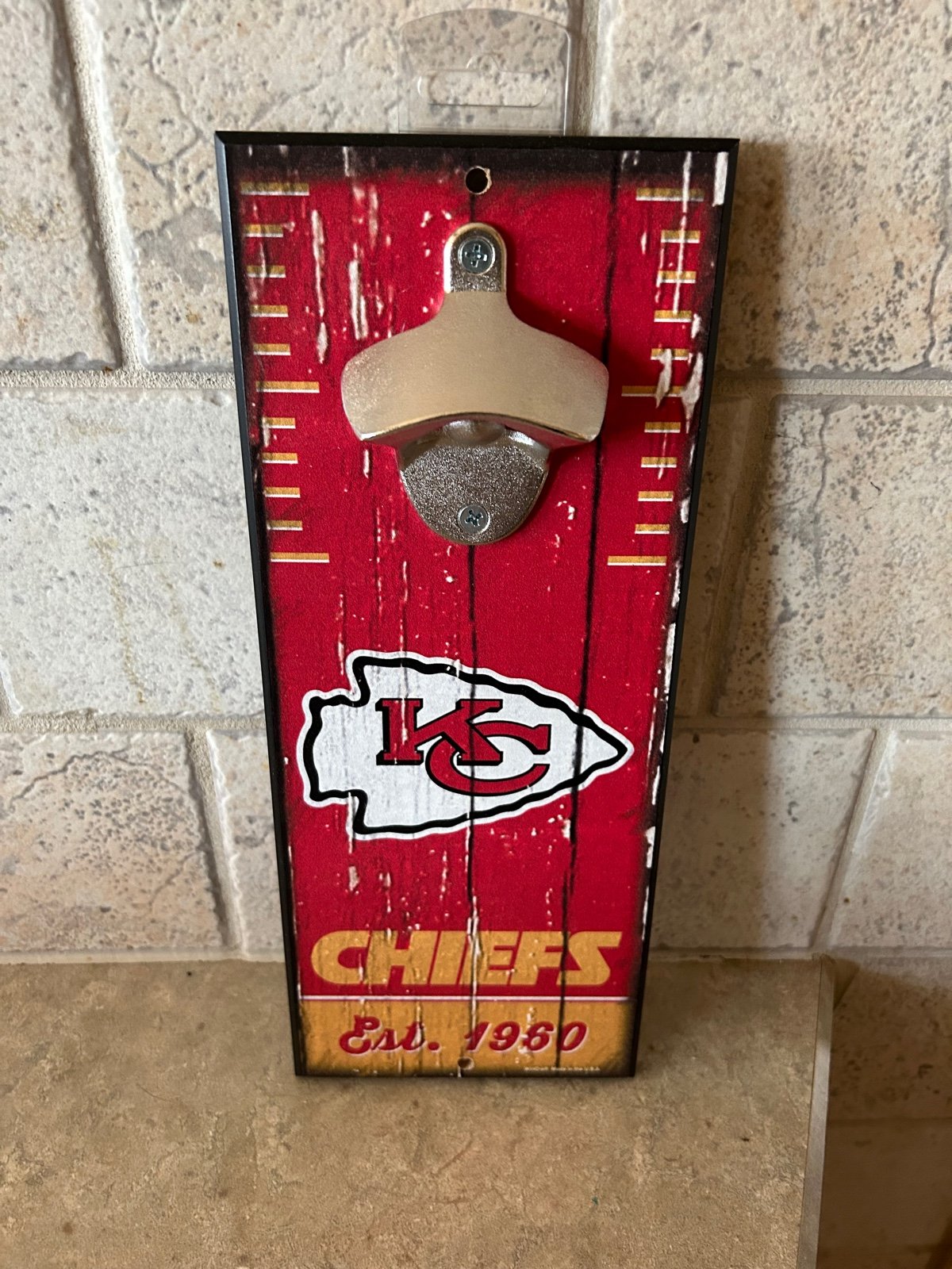 NFL KANSAS CITY CHIEFS DISTRESSED WALL BOTTLE OPENER 5”x 11” HARDBOARD