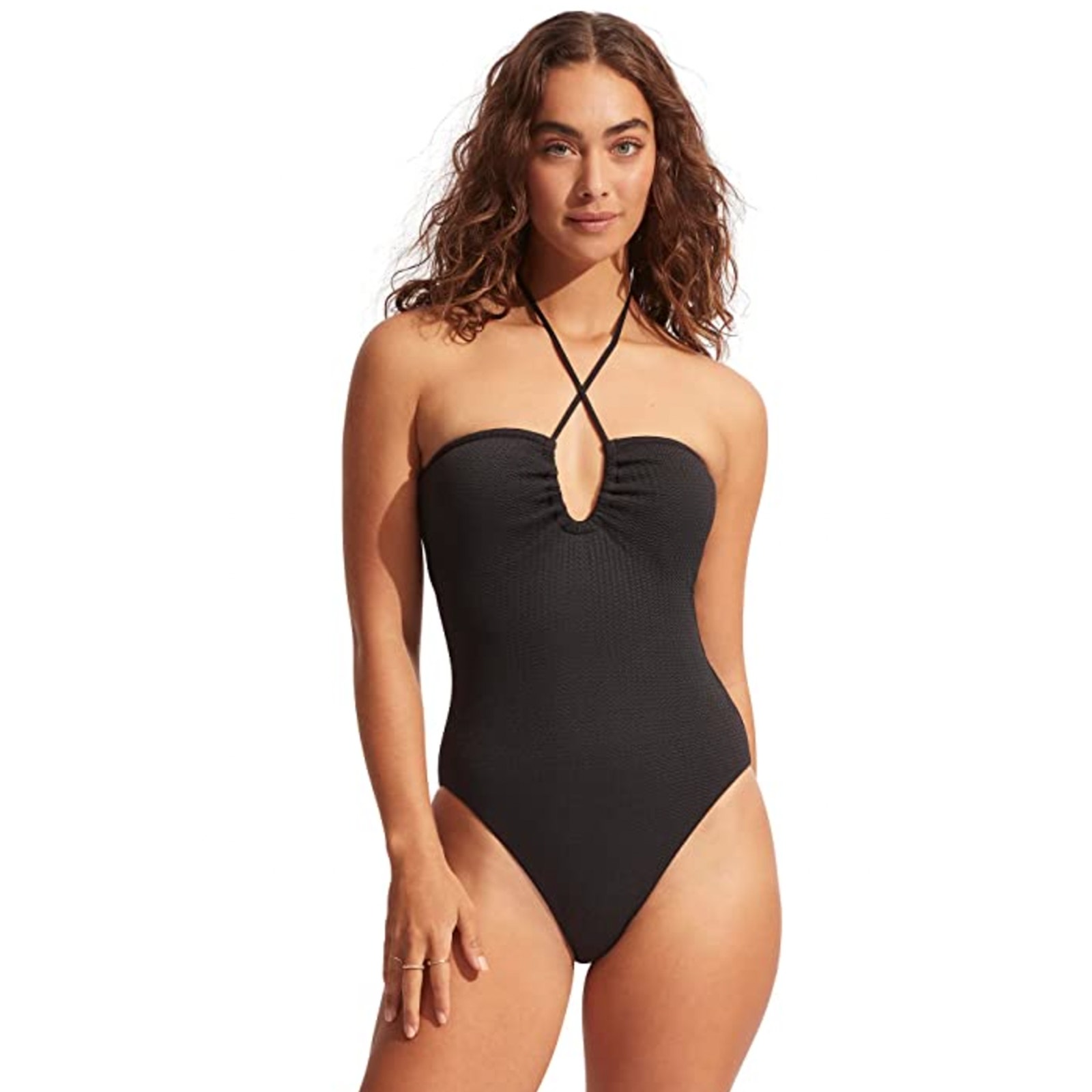 SEAFOLLY Sea Dive Halter Bandeau One Piece Swimsuit US 12 Black NWT