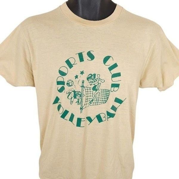 Vintage Volleyball T Shirt Mens Size Medium Beige 80s Sports Club Made In USA