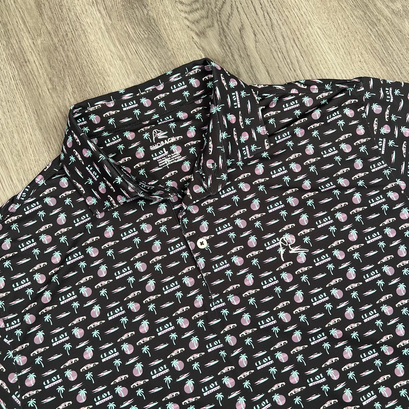 Rhoback Polo Shirt Mens Large All Over Print Golf Black Pink Miami Vice Crave